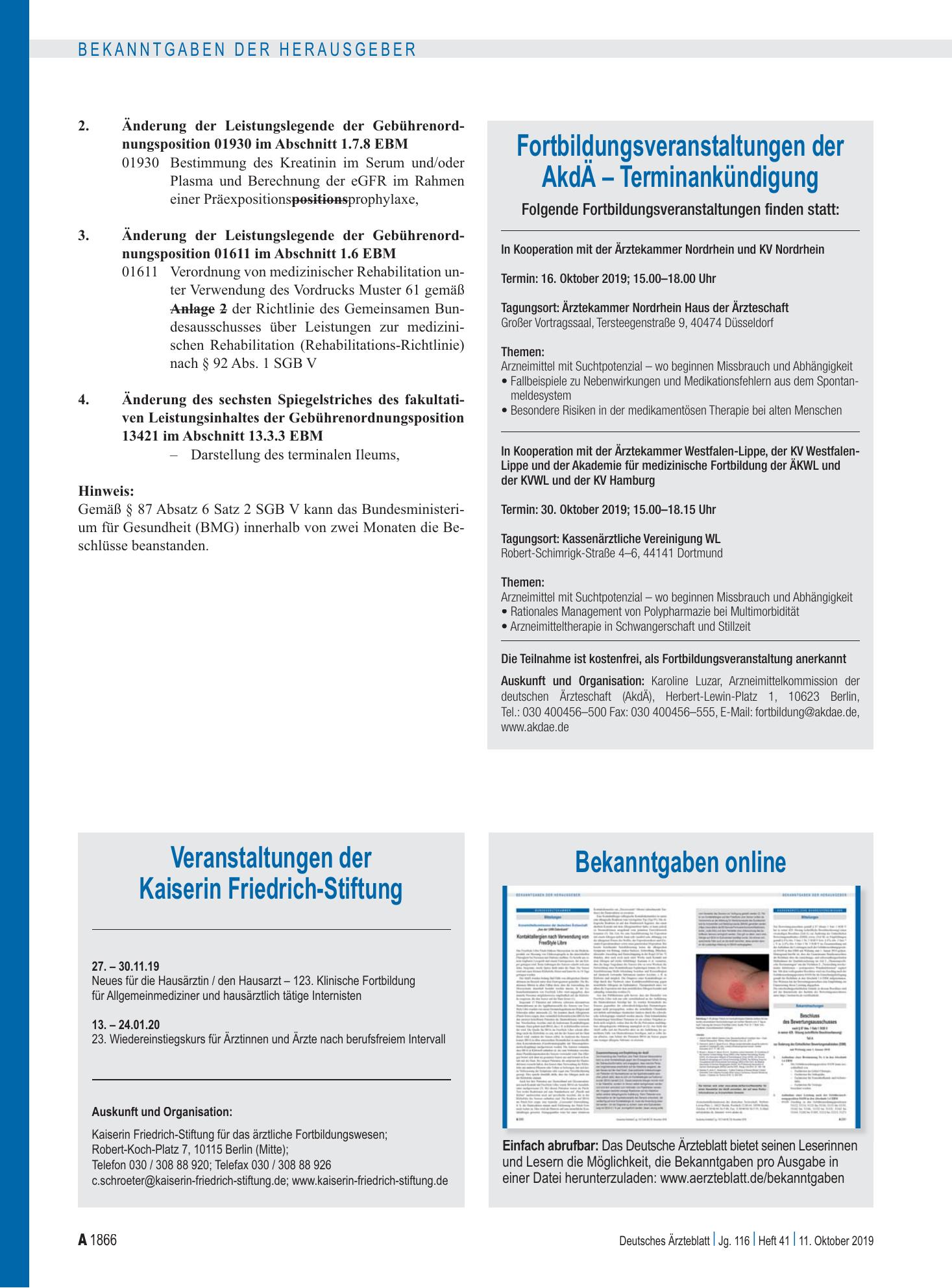 Vorschauseite 1: Bekanntgaben online – Deutsches Ärzteblatt
