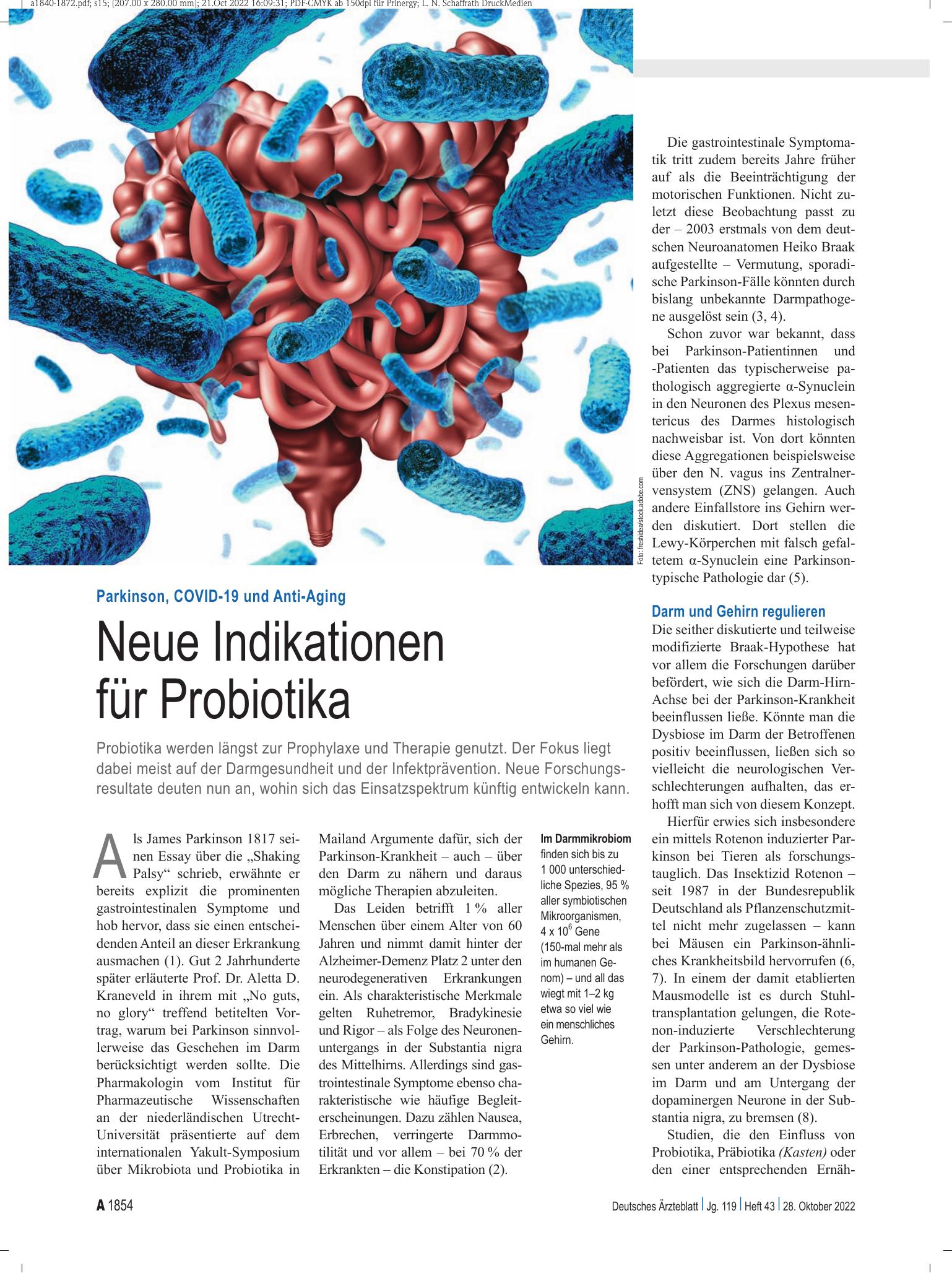 Vorschauseite 1: Parkinson, COVID-19 und Anti-Aging: Neue Indikationen für Probiotika – Deutsches Ärzteblatt