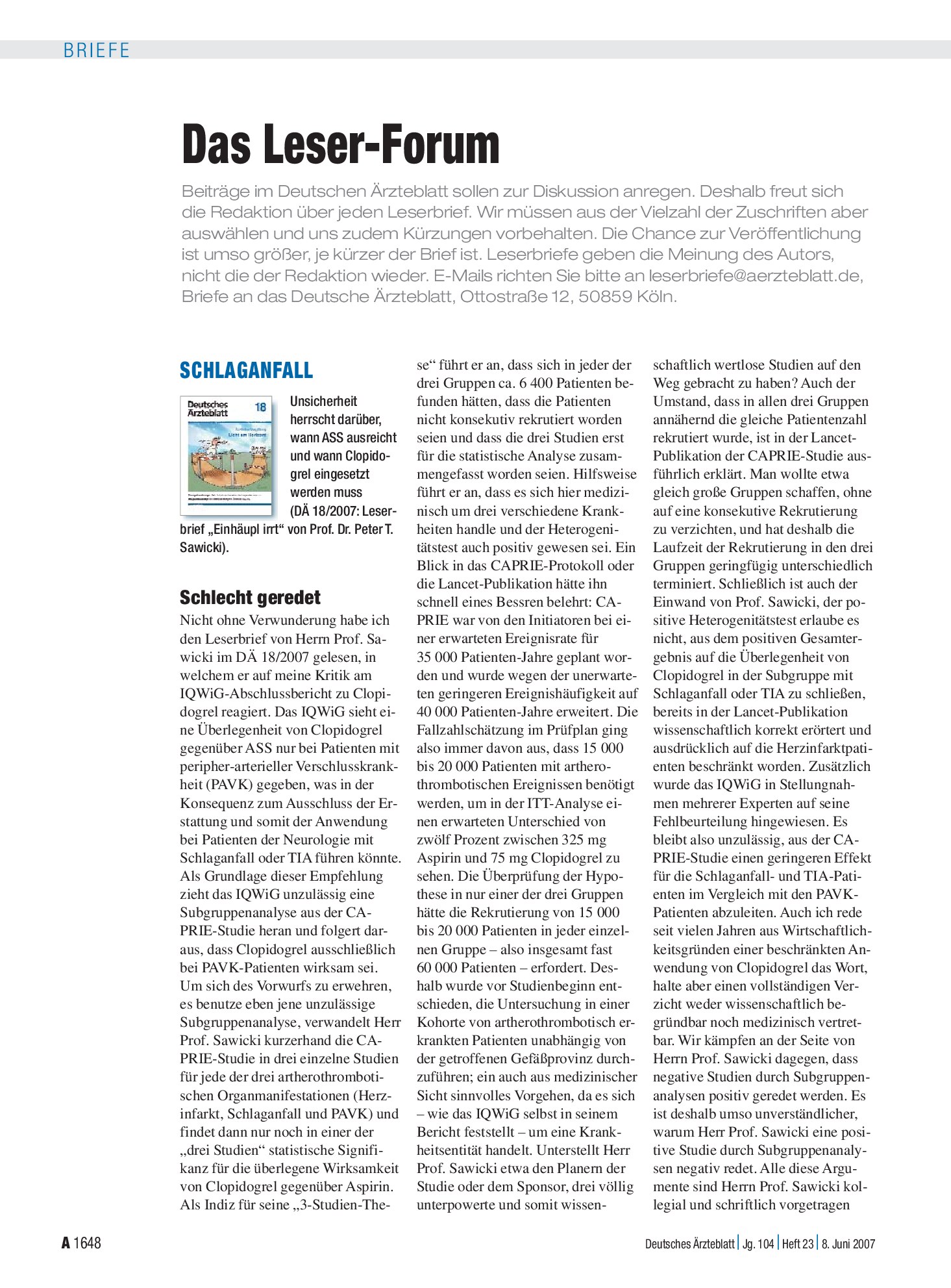 Vorschauseite 1: Schlaganfall: Schlecht geredet – Deutsches Ärzteblatt