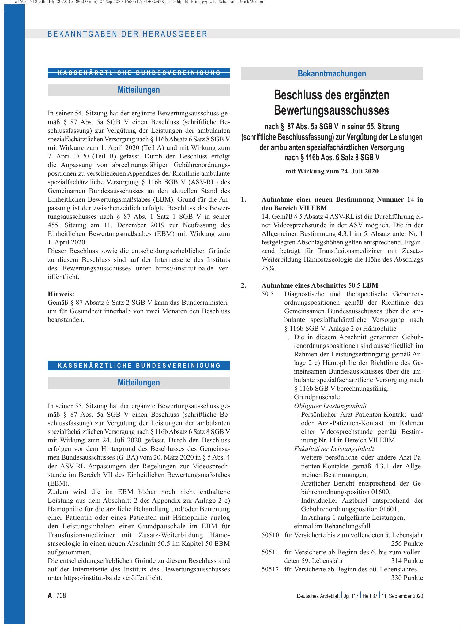 Vorschauseite 1: Beschluss des ergänzten Bewertungsausschusses nach § 87 Abs. 5a SGB V in seiner 55. Sitzung (schriftliche Beschlussfassung) zur Vergütung der Leistungen der ambulanten spezialfach…