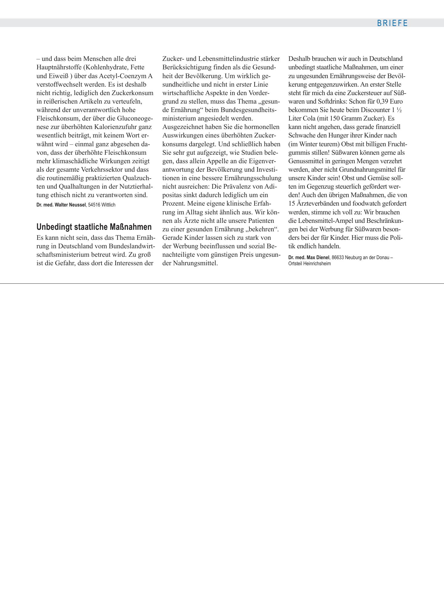Vorschauseite 1: Zuckerstoffwechsel: Unbedingt staatliche Maßnahmen – Deutsches Ärzteblatt