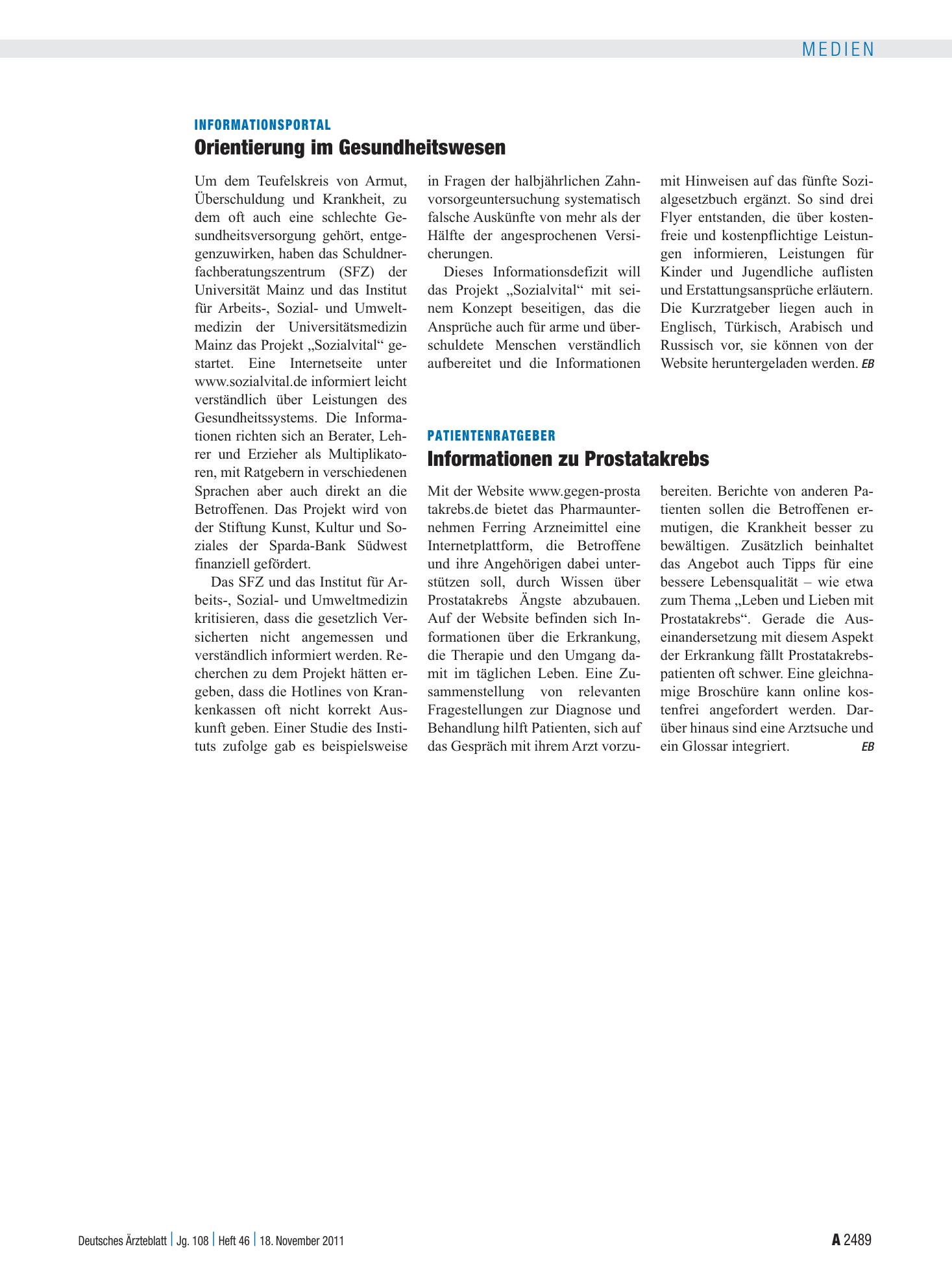 Vorschauseite 1: Patientenratgeber: Informationen zu Prostatakrebs – Deutsches Ärzteblatt