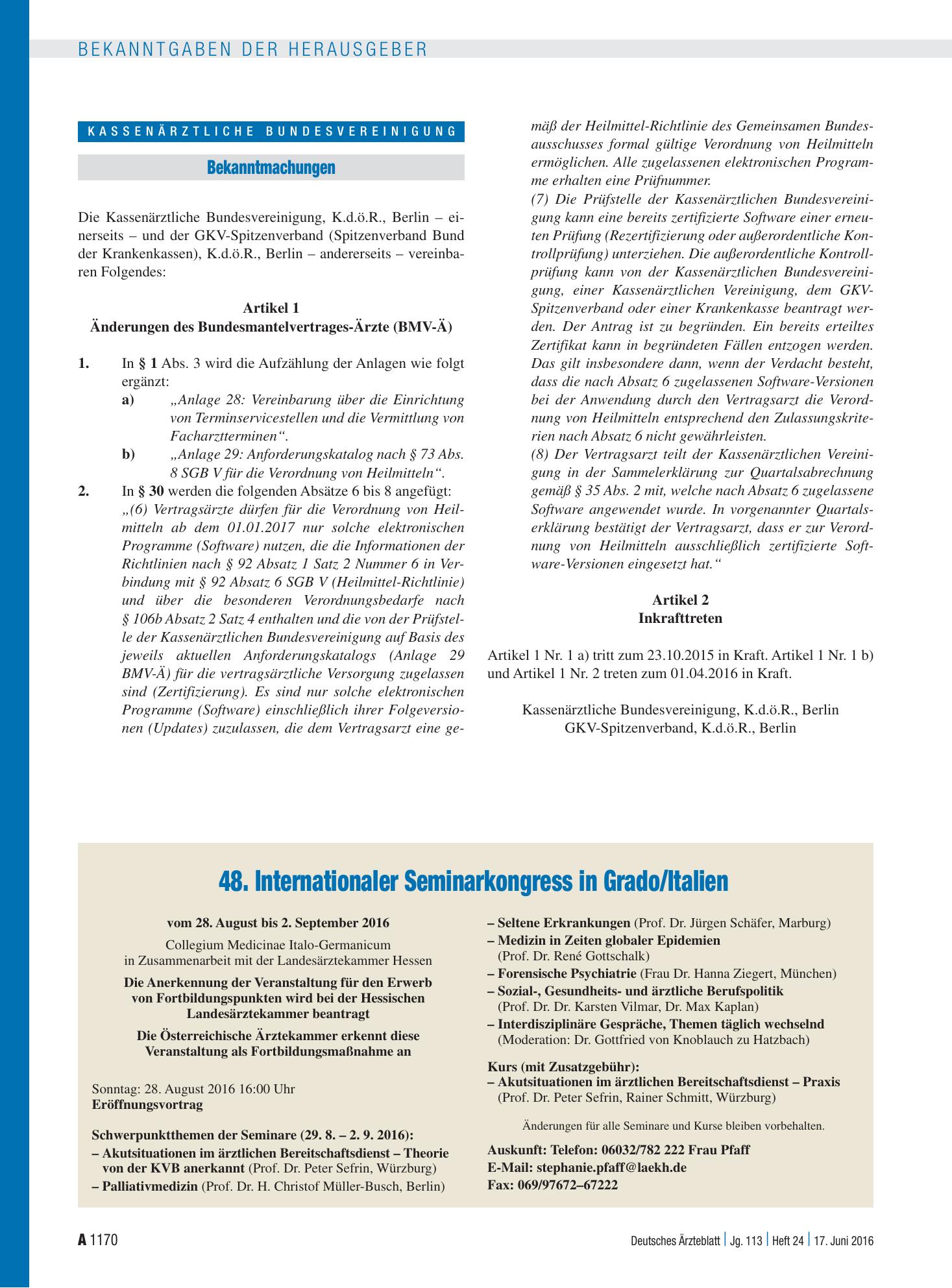 Vorschauseite 1: Änderungen des Bundesmantelvertrages-Ärzte (BMV-Ä) – Deutsches Ärzteblatt