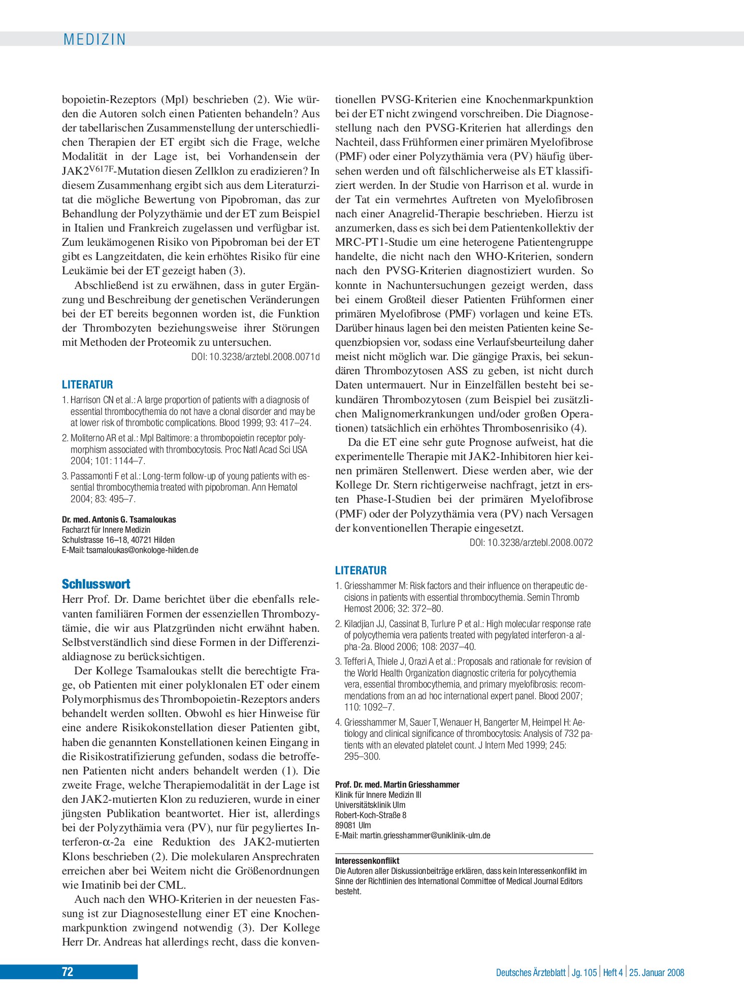 Vorschauseite 1: Essenzielle Thrombozythämie – Klinische Bedeutung, Diagnostik und Therapie: Schlusswort – Deutsches Ärzteblatt