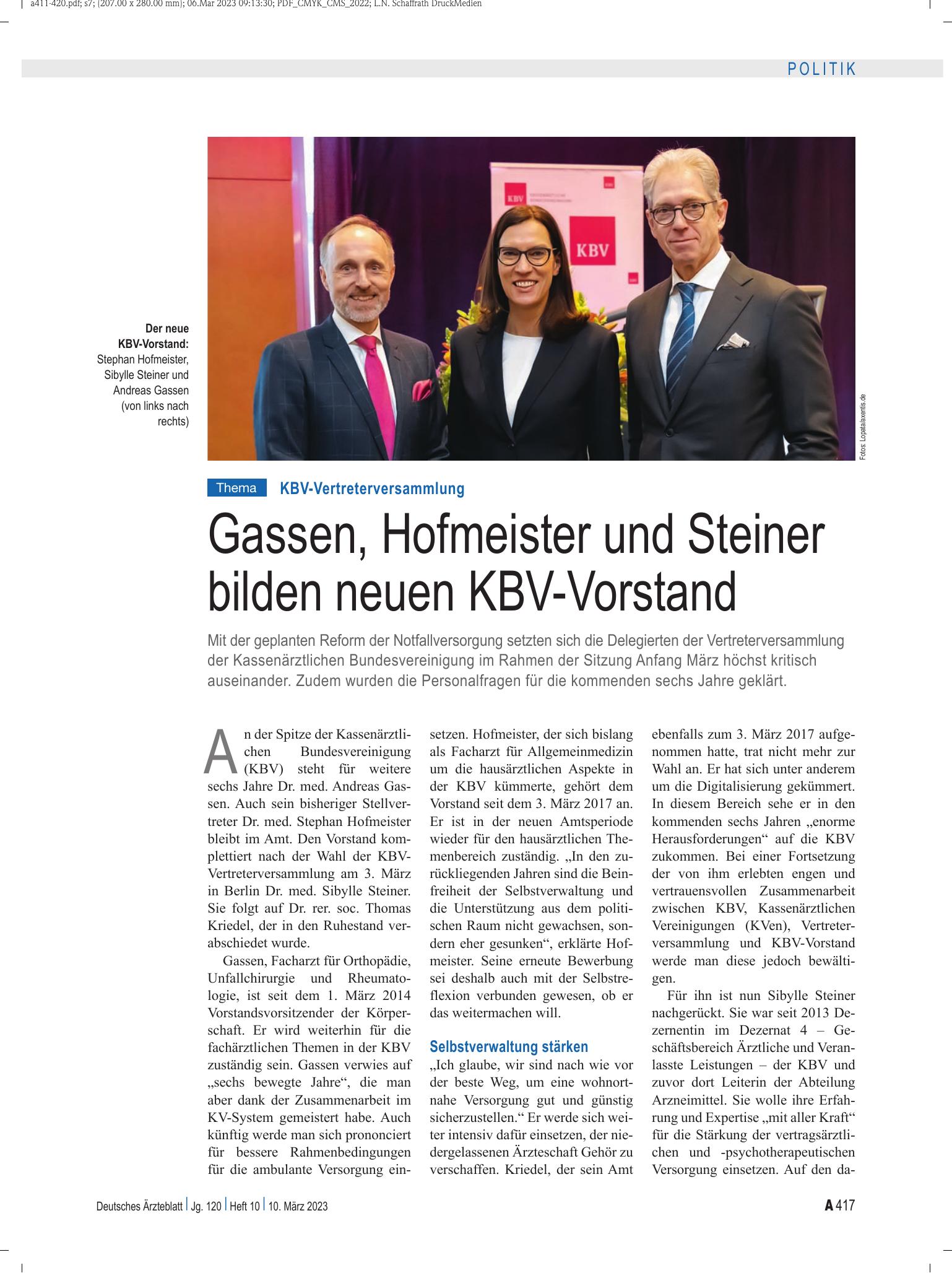 Vorschauseite 1: KBV-Vertreterversammlung: Gassen, Hofmeister und Steiner bilden neuen KBV-Vorstand – Deutsches Ärzteblatt