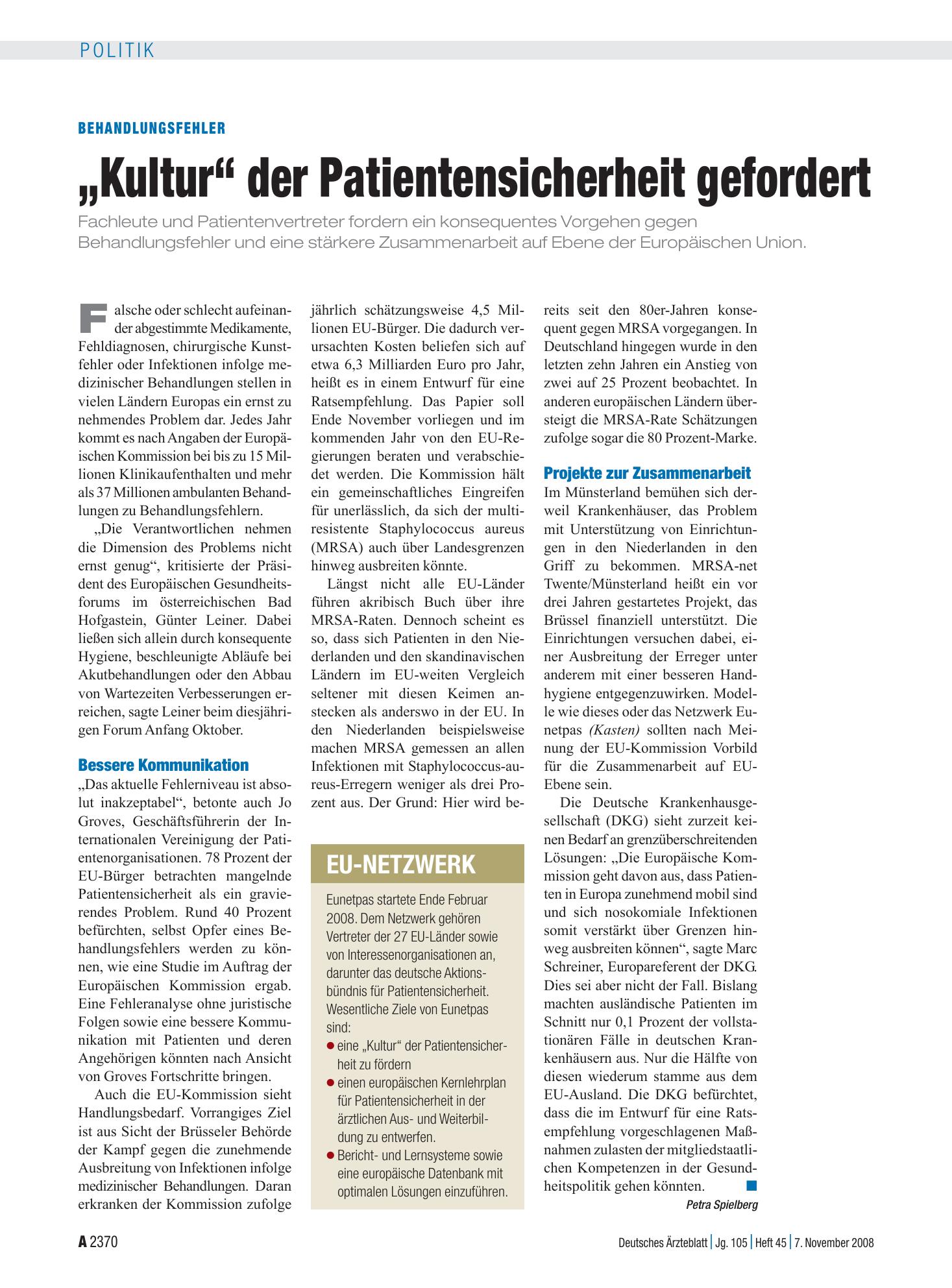 Vorschauseite 1: Behandlungsfehler: „Kultur“ der Patientensicherheit gefordert – Deutsches Ärzteblatt