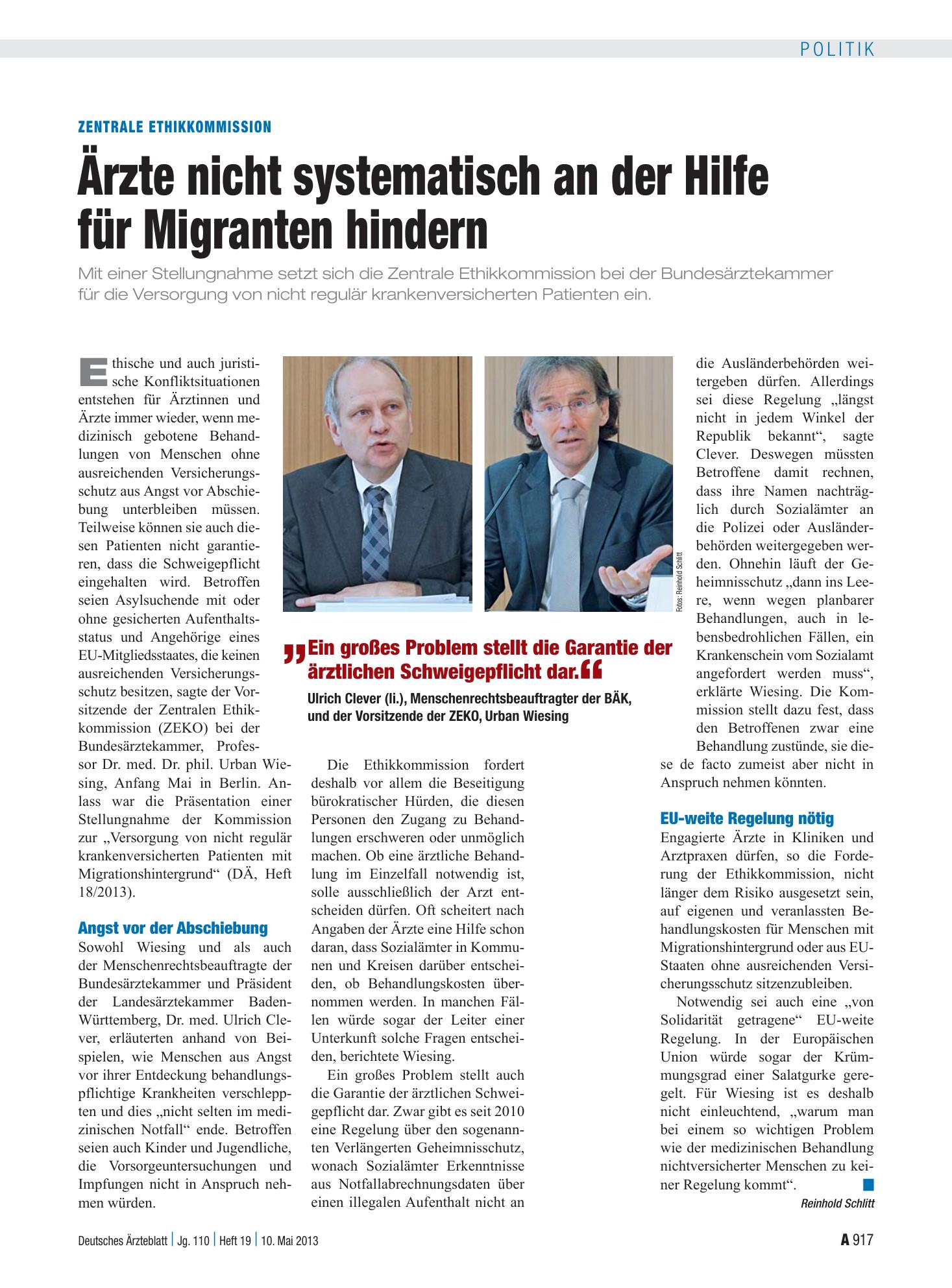Vorschauseite 1: Zentrale Ethikkommission: Ärzte nicht systematisch an der Hilfe für Migranten hindern – Deutsches Ärzteblatt