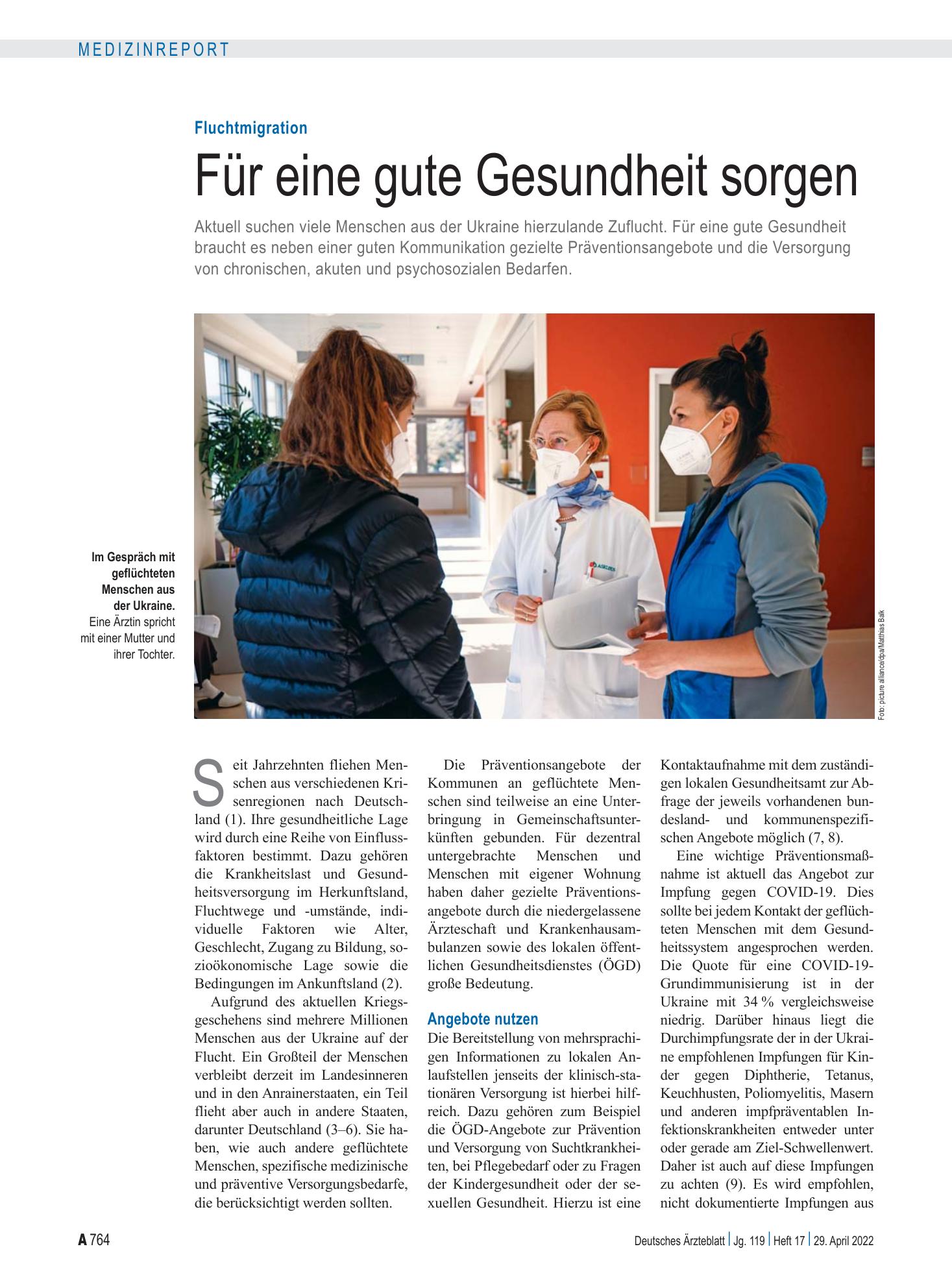 Vorschauseite 1: Fluchtmigration: Für eine gute Gesundheit sorgen – Deutsches Ärzteblatt