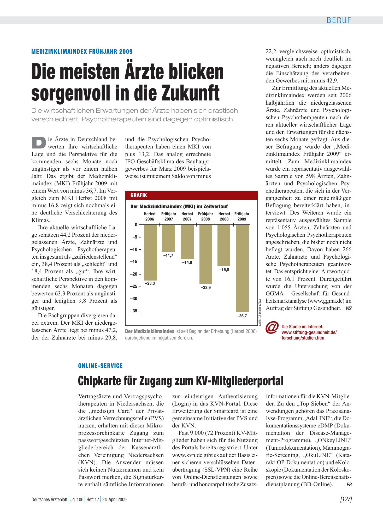 Vorschauseite 1: Medizinklimaindex Frühjahr 2009: Die meisten Ärzte blicken sorgenvoll in die Zukunft – Deutsches Ärzteblatt