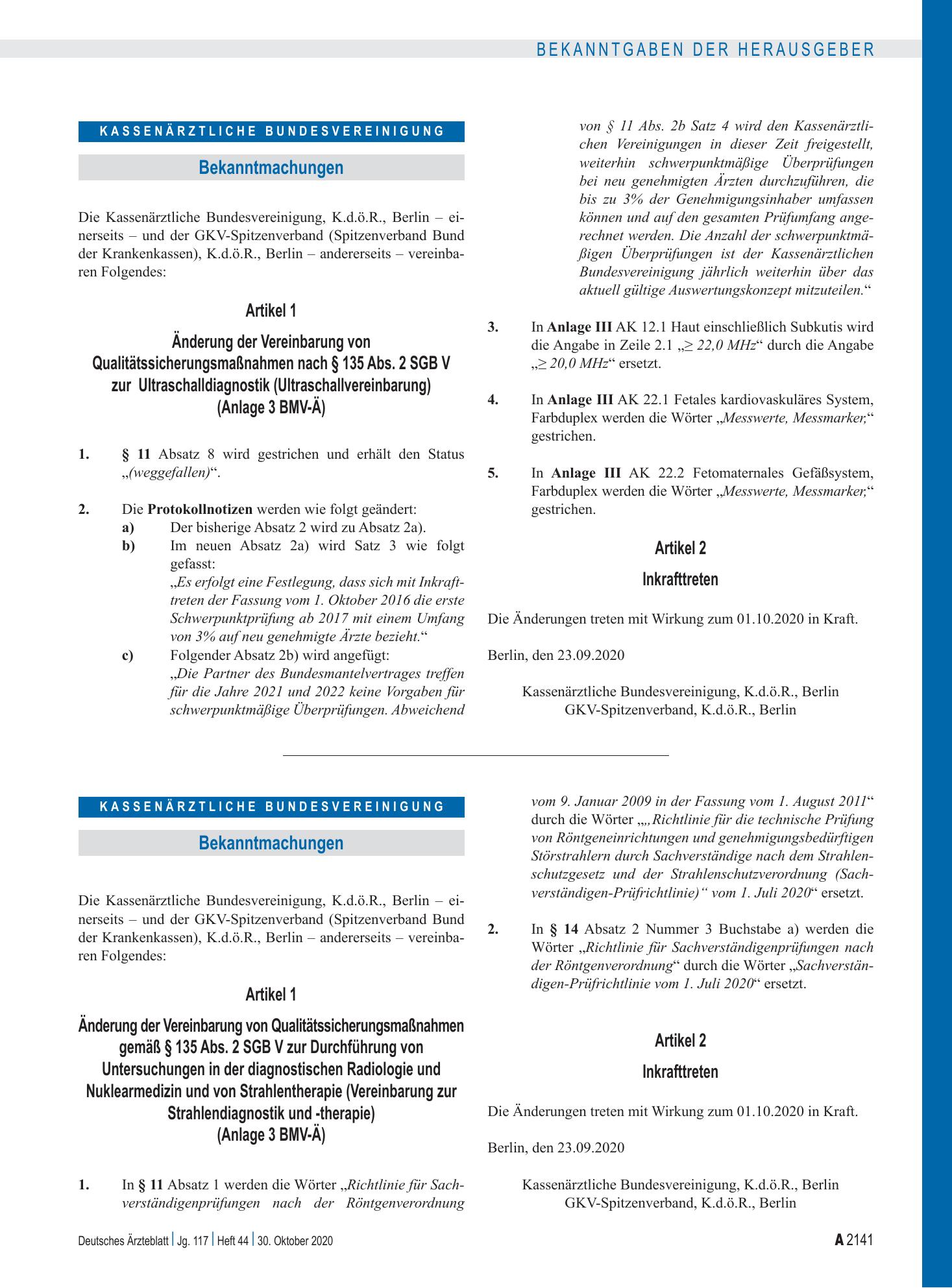 Vorschauseite 1: Änderung der Vereinbarung von Qualitätssicherungsmaßnahmen gemäß § 135 Abs. 2 SGB V zur Durchführung von Untersuchungen in der diagnostischen Radiologie und Nuklearmedizin und von…
