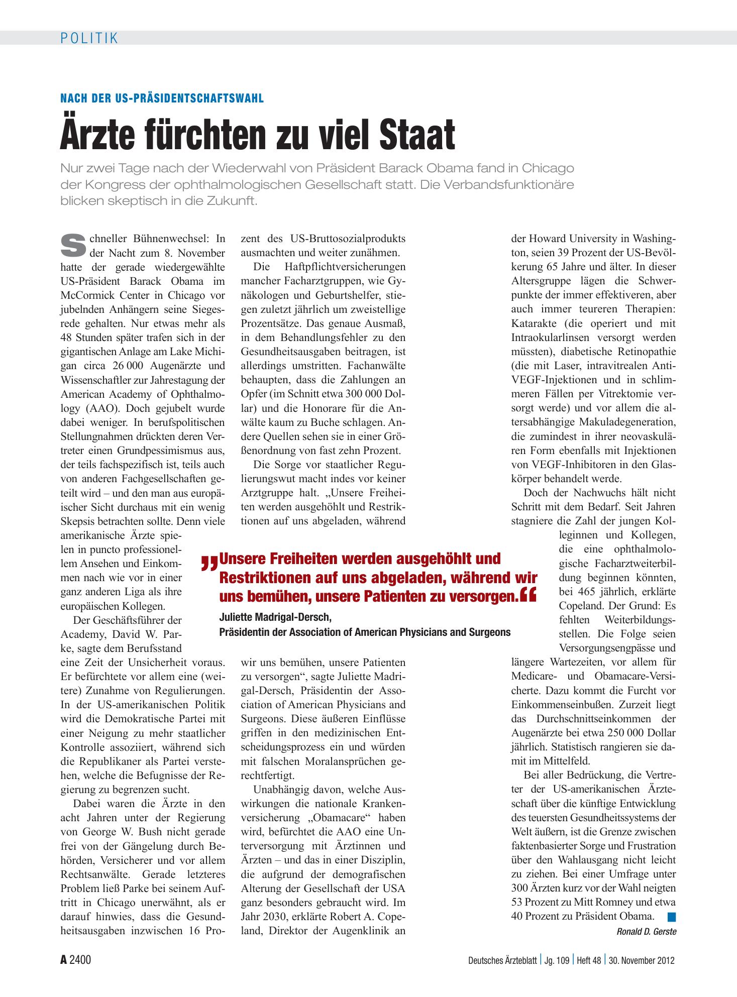Vorschauseite 1: Nach der US-Präsidentschaftswahl: Ärzte fürchten zu viel Staat – Deutsches Ärzteblatt