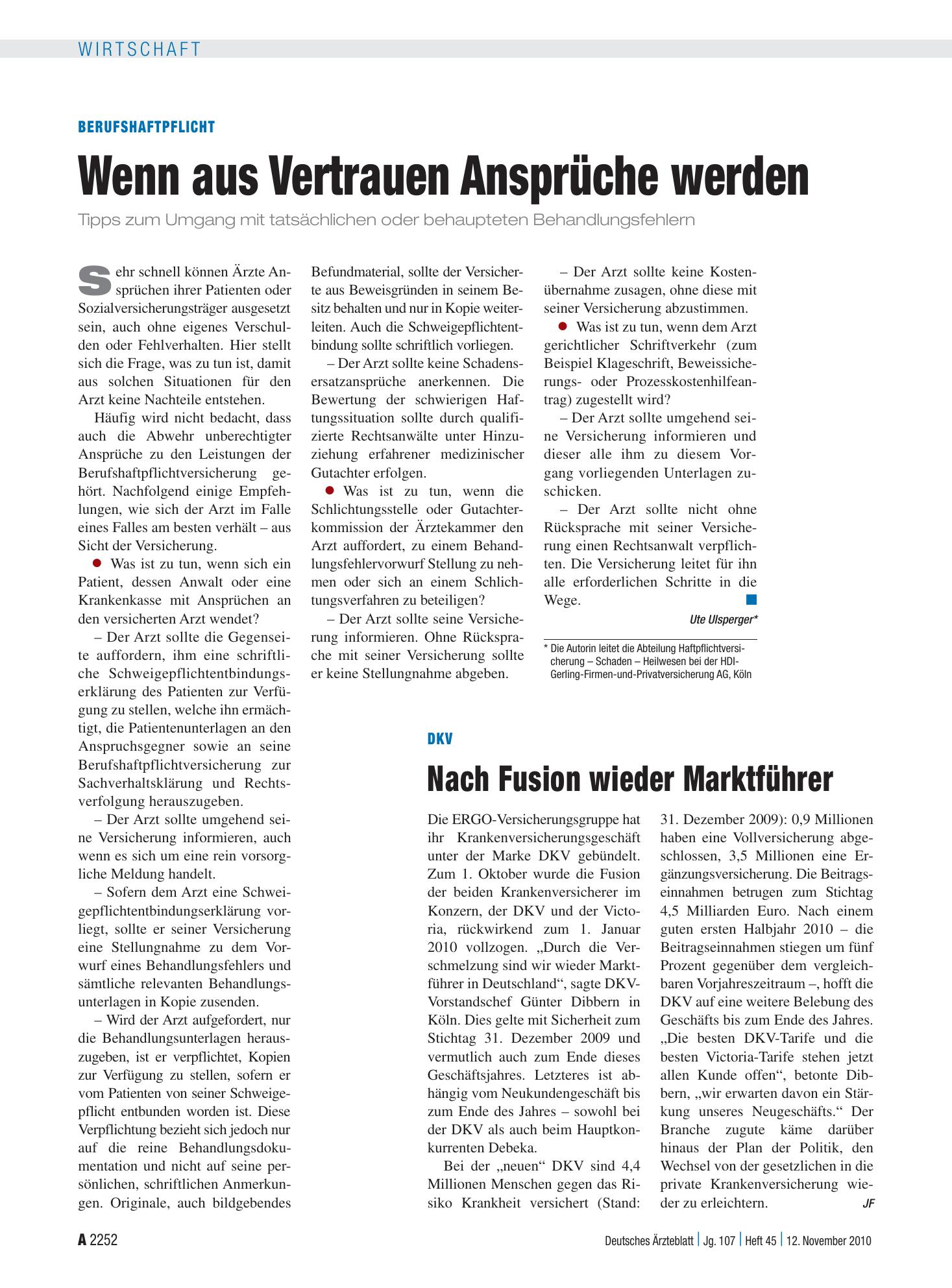 Vorschauseite 1: Berufshaftpflicht: Wenn aus Vertrauen Ansprüche werden – Deutsches Ärzteblatt