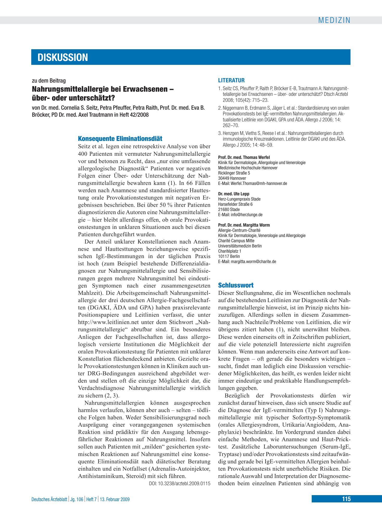 Vorschauseite 1: Nahrungsmittelallergie bei Erwachsenen – über- oder unterschätzt? Konsequente Eliminationsdiät – Deutsches Ärzteblatt
