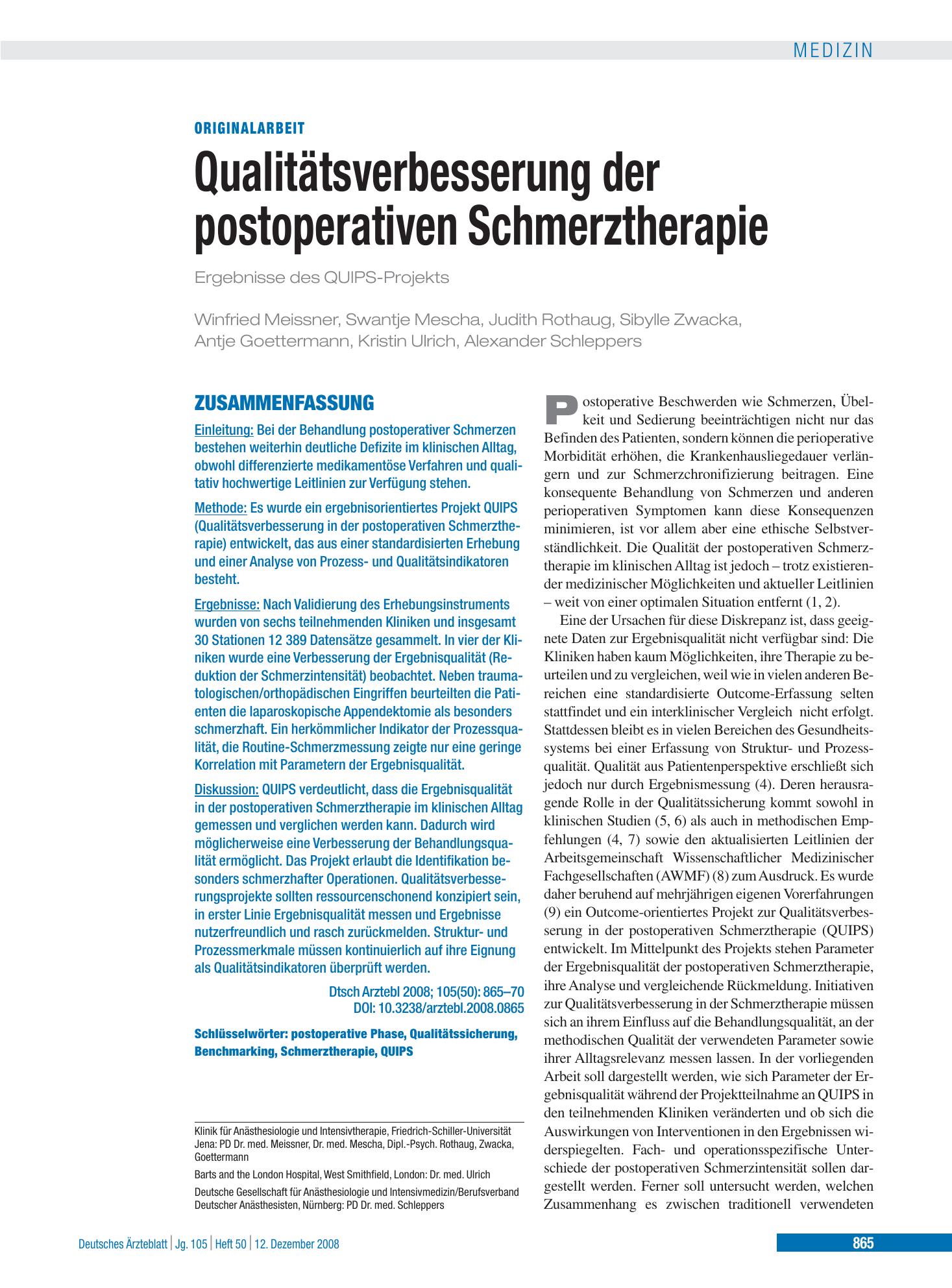 Vorschauseite 1: Qualitätsverbesserung der postoperativen Schmerztherapie Ergebnisse des QUIPS-Projekts – Deutsches Ärzteblatt