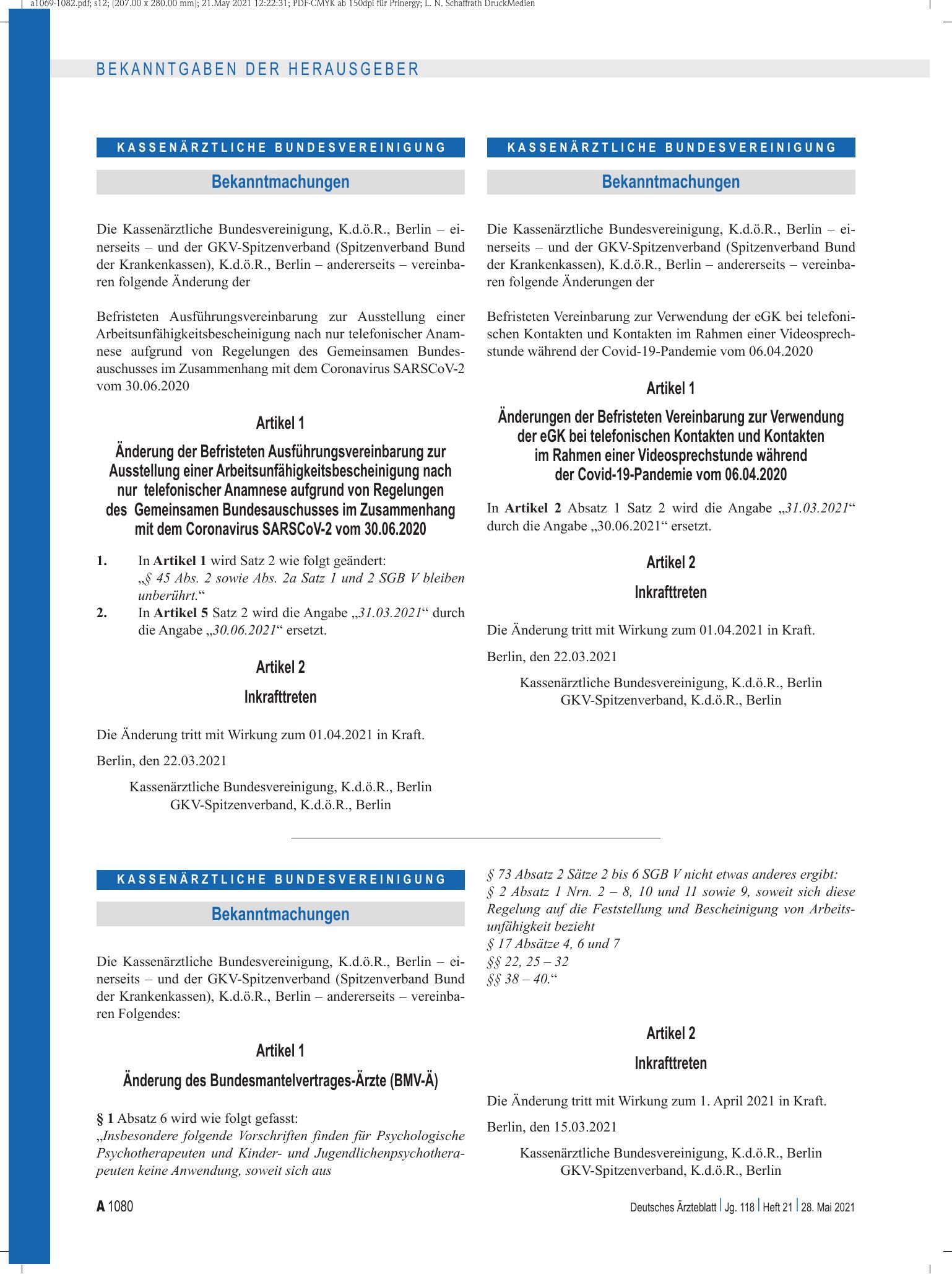 Vorschauseite 1: Änderung des Bundesmantelvertrages-Ärzte (BMV-Ä) – Deutsches Ärzteblatt