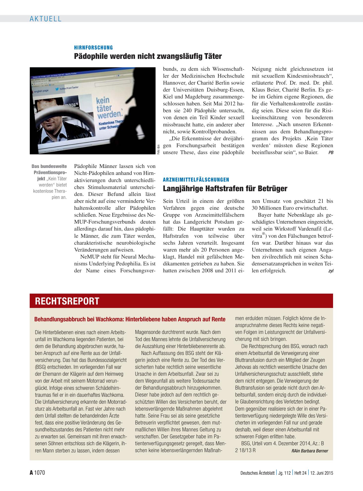 Vorschauseite 1: Behandlungsabbruch bei Wachkoma: Hinterbliebene haben Anspruch auf Rente – Deutsches Ärzteblatt