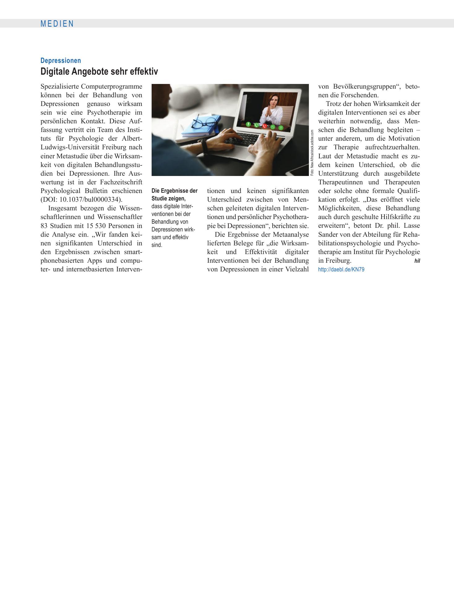 Vorschauseite 1: Depressionen: Digitale Angebote sehr effektiv – Deutsches Ärzteblatt