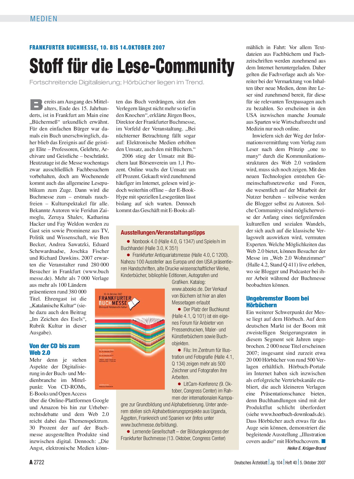Vorschauseite 1: Frankfurter Buchmesse, 10. bis 14.Oktober 2007: Stoff für die Lese-Community – Deutsches Ärzteblatt