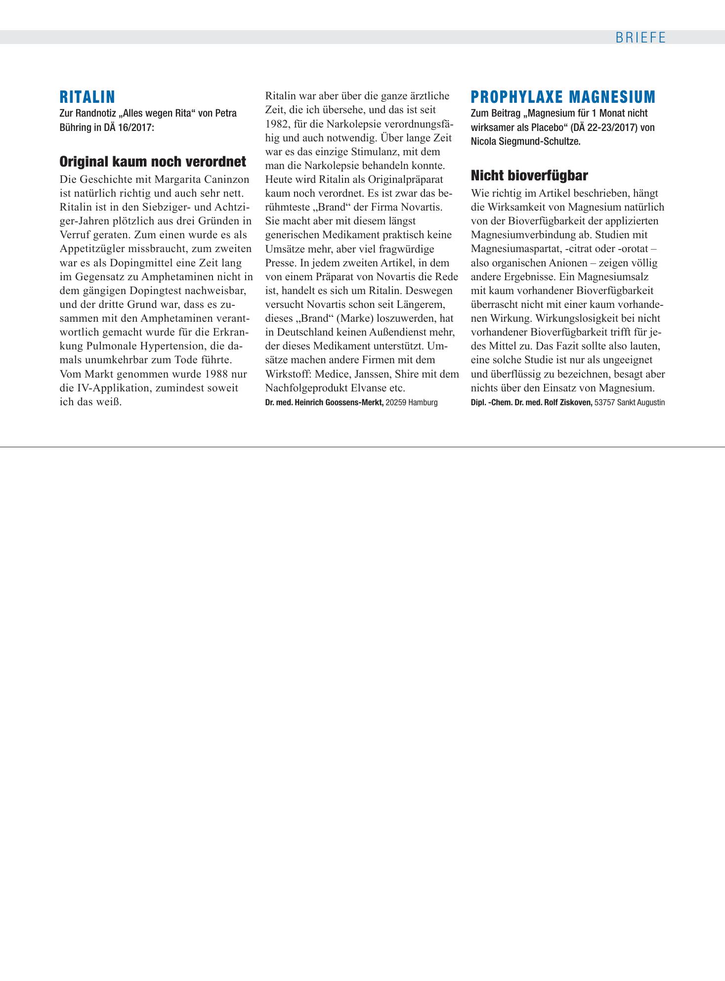 Vorschauseite 1: Prophylaxe Magnesium: Nicht bioverfügbar – Deutsches Ärzteblatt