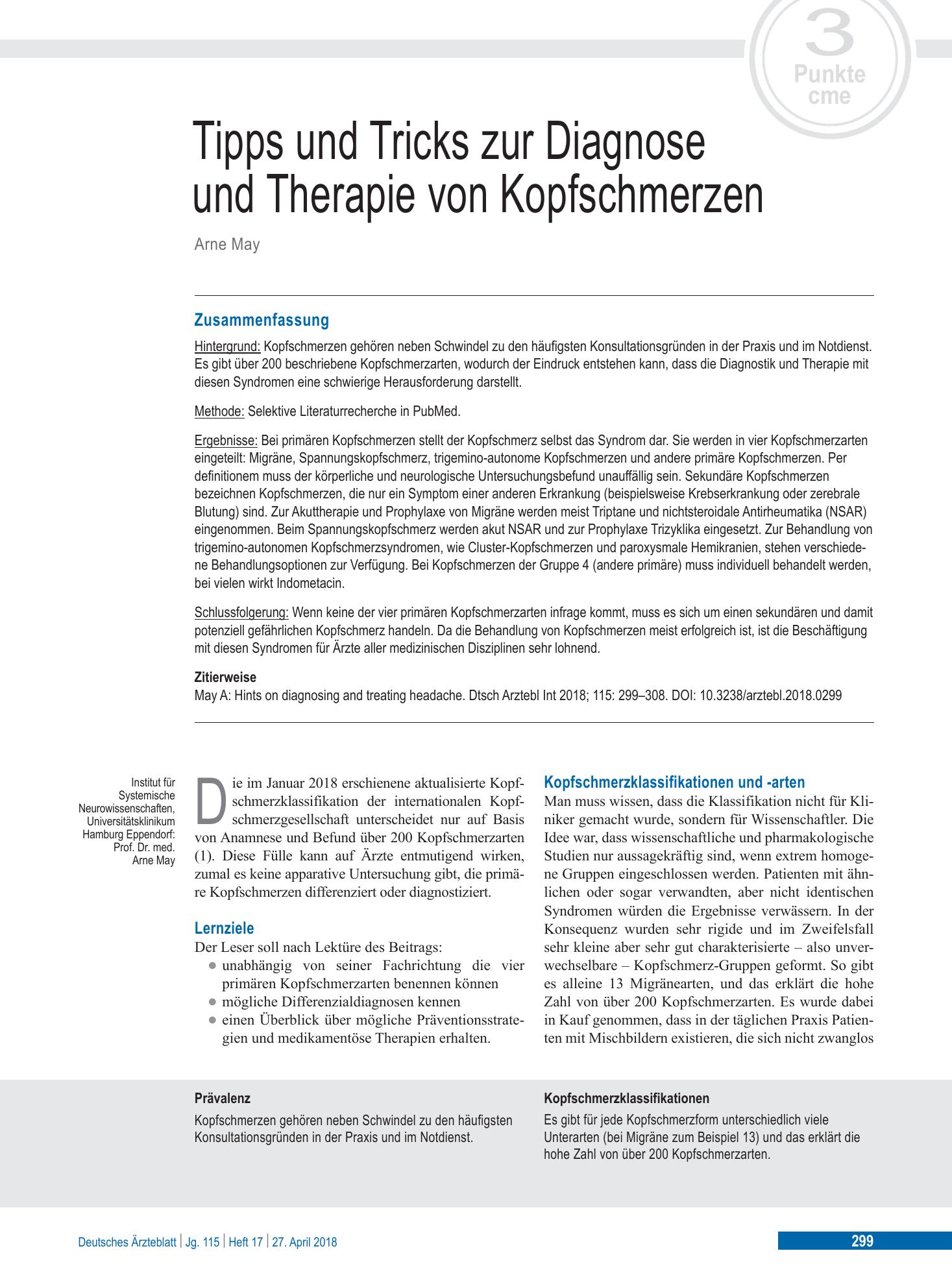 Vorschauseite 1: Tipps und Tricks zur Diagnose und Therapie von Kopfschmerzen – Deutsches Ärzteblatt