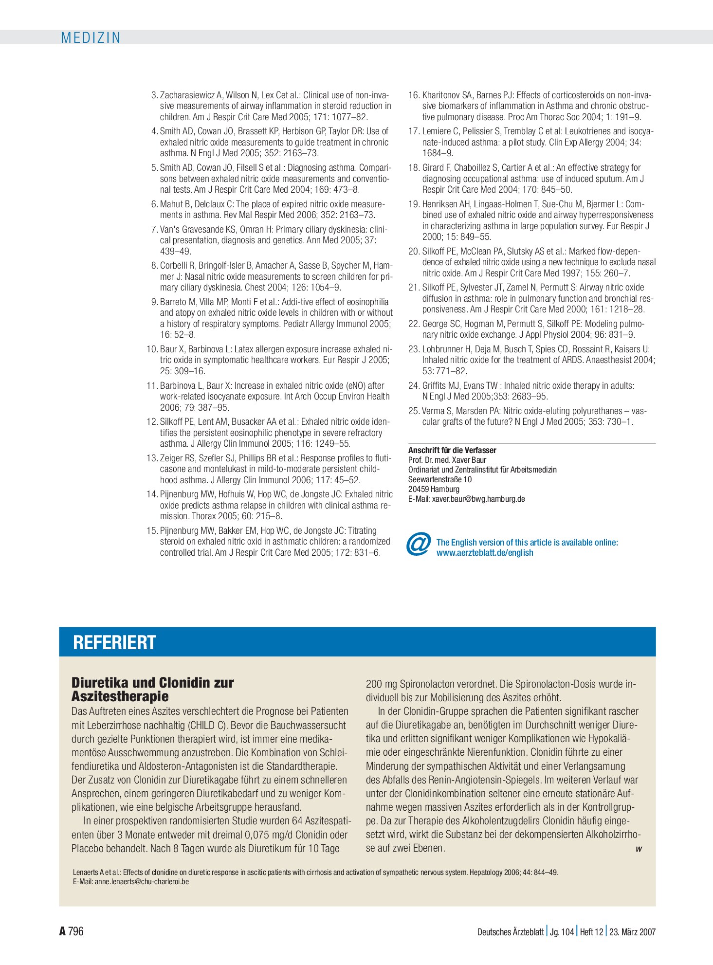 Vorschauseite 1: Diuretika und Clonidin zur Aszitestherapie – Deutsches Ärzteblatt