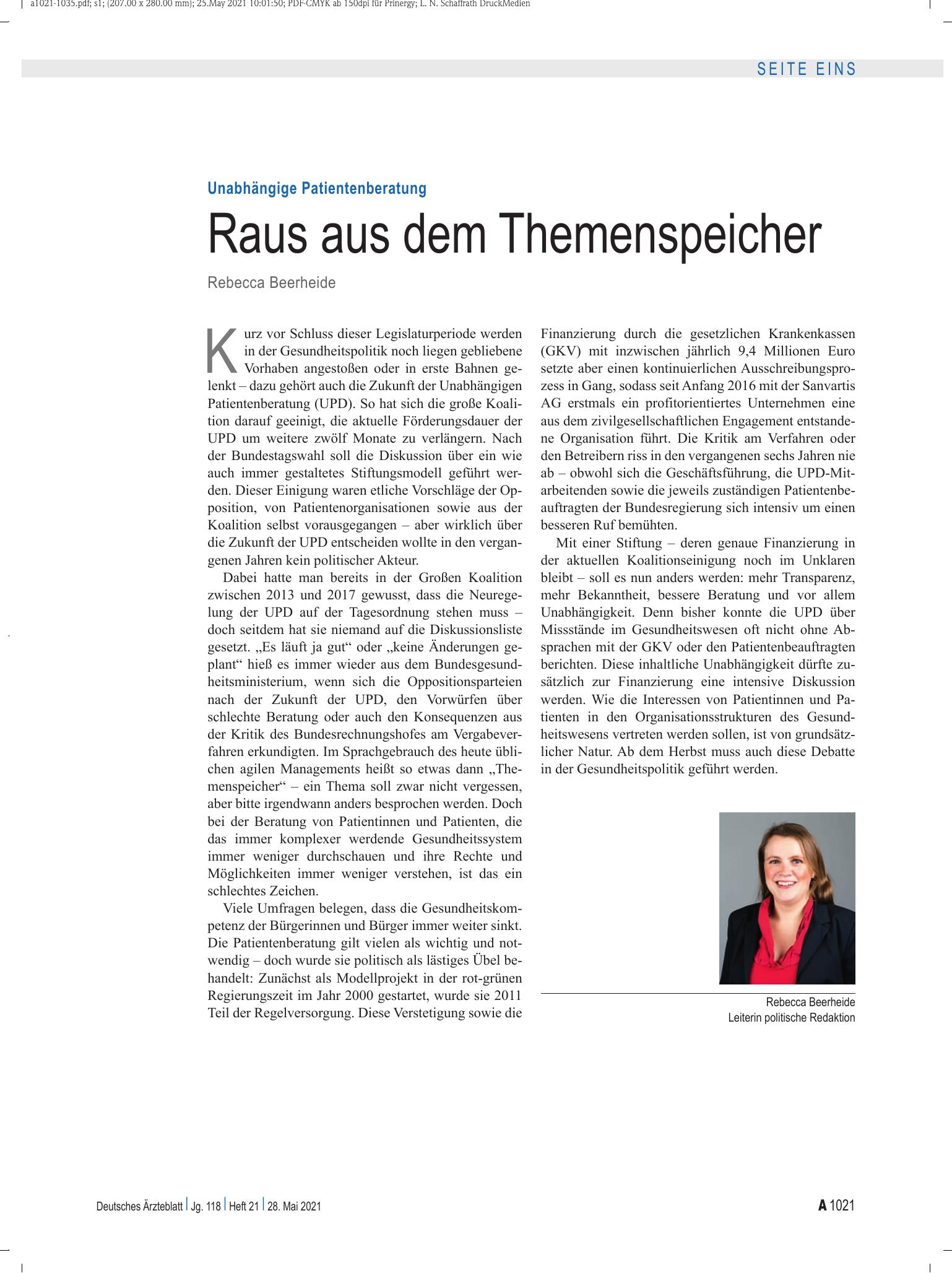 Vorschauseite 1: Unabhängige Patientenberatung: Raus aus dem Themenspeicher – Deutsches Ärzteblatt
