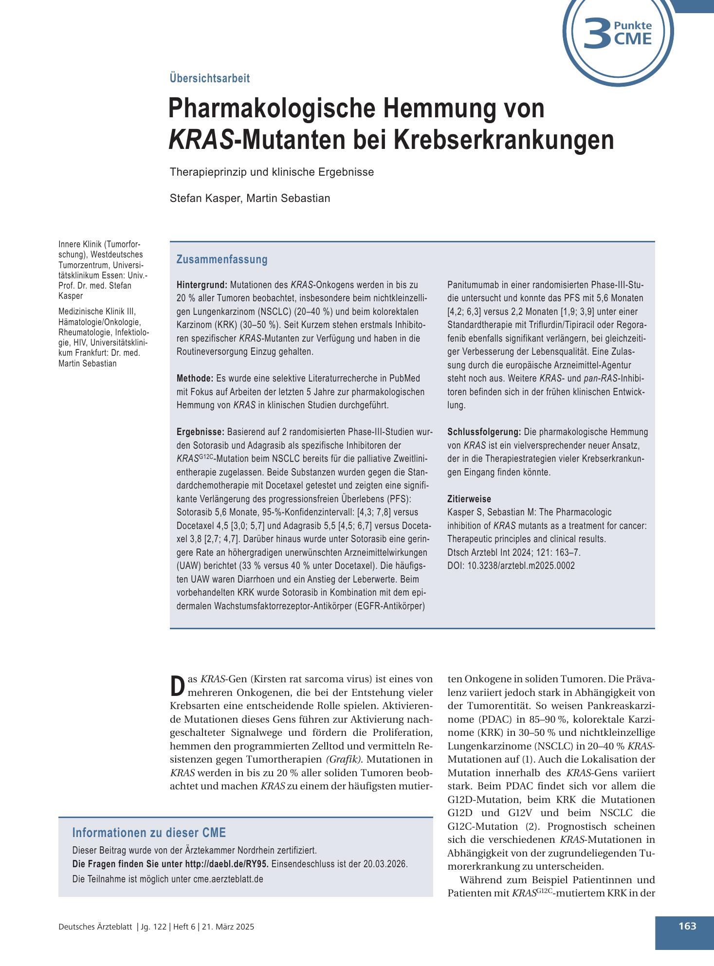 Vorschauseite 1: Pharmakologische Hemmung von KRAS -Mutanten bei Krebserkrankungen – Deutsches Ärzteblatt