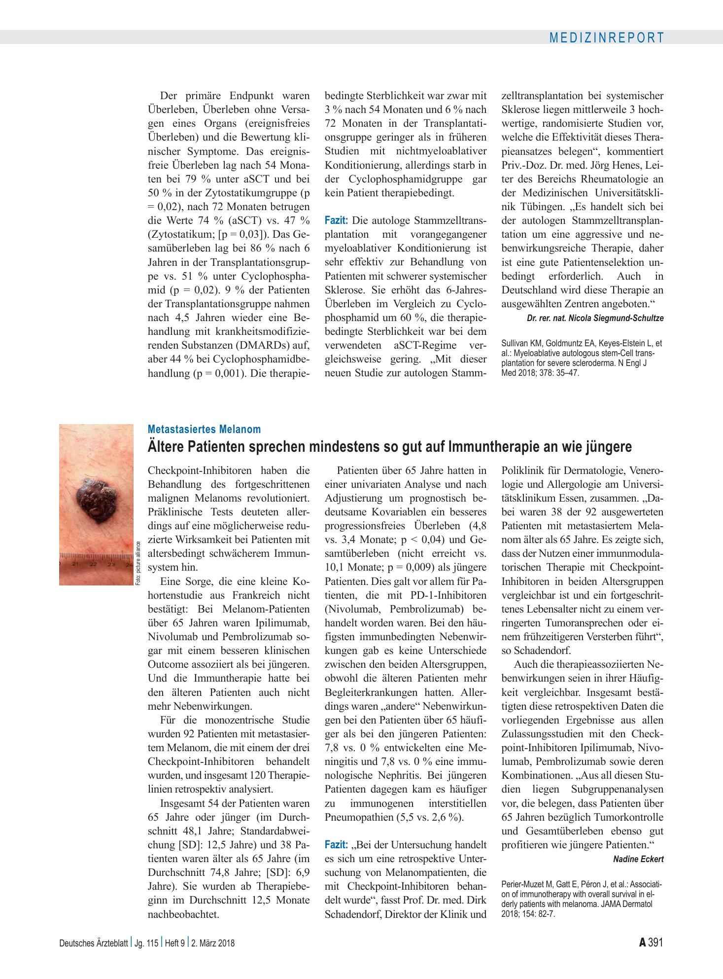 Vorschauseite 1: Metastasiertes Melanom: Ältere Patienten sprechen mindestens so gut auf Immuntherapie an wie jüngere – Deutsches Ärzteblatt