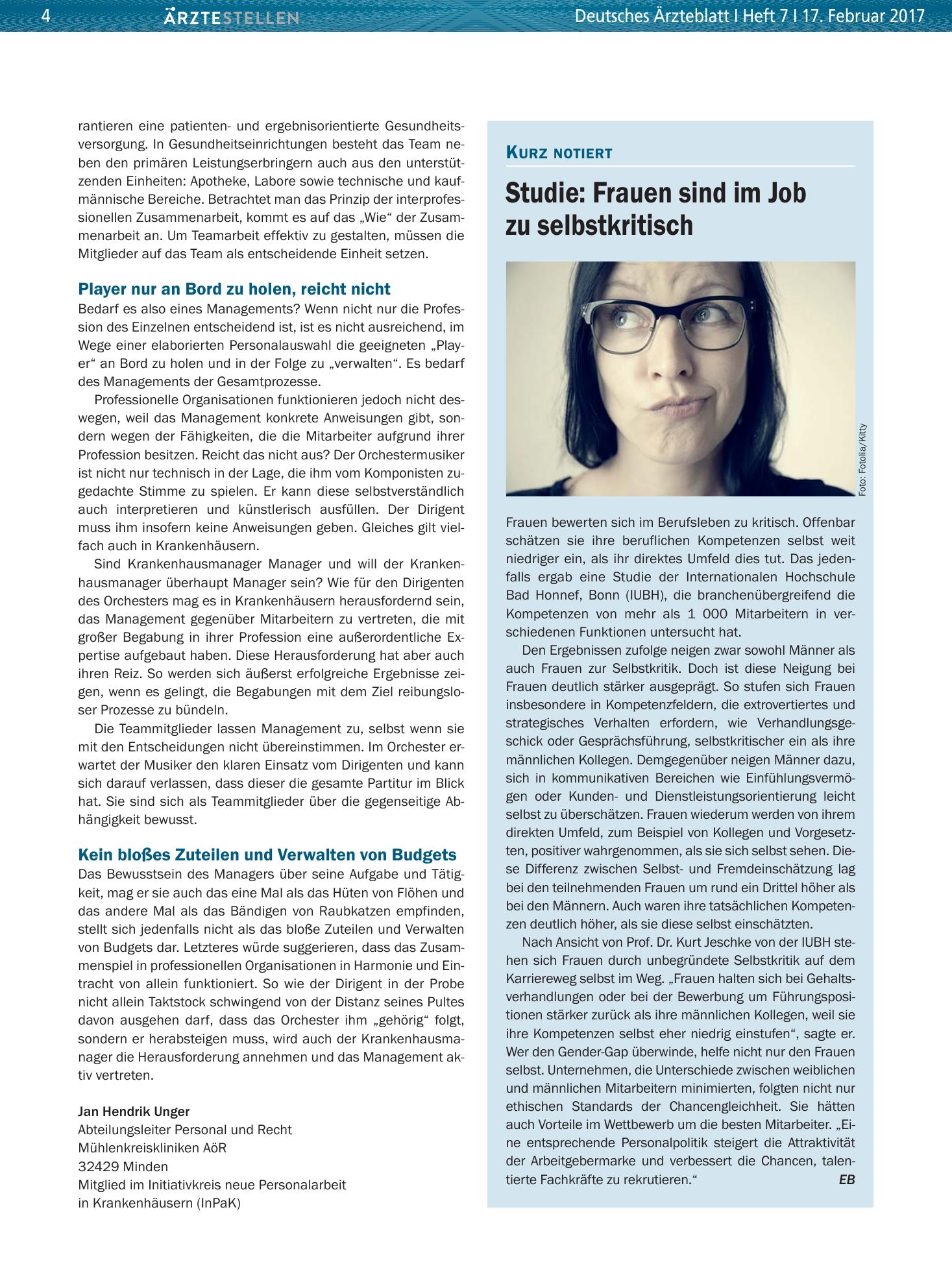 Vorschauseite 1: Studie: Frauen sind im Job zu selbstkritisch – Deutsches Ärzteblatt