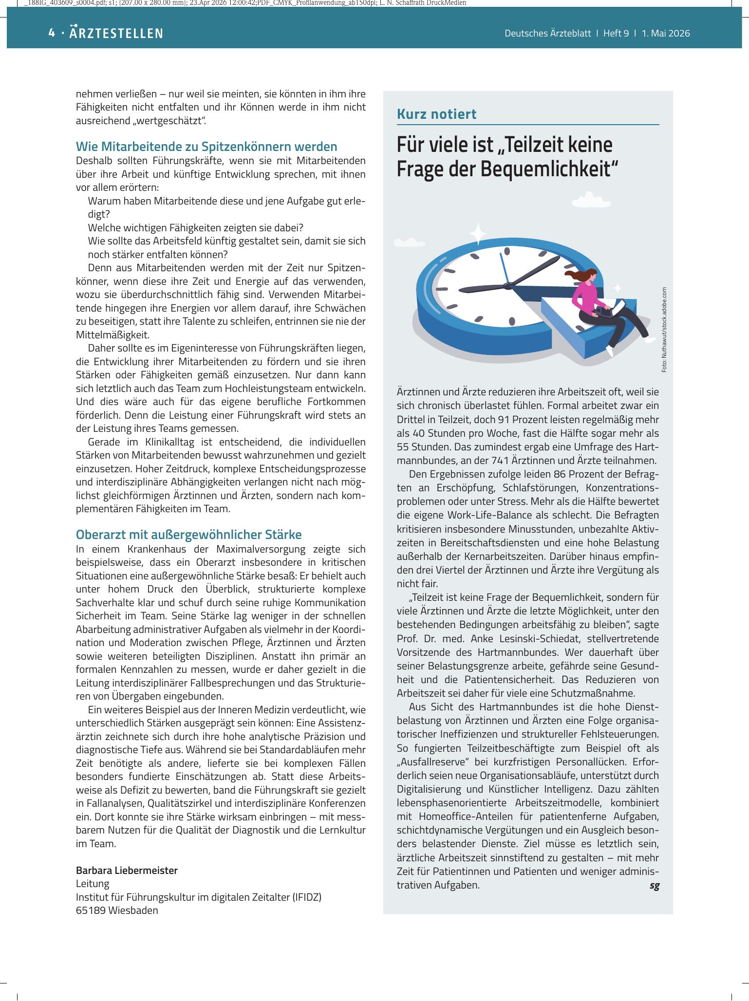 Vorschauseite 1: Für viele ist „Teilzeit keine Frage der Bequemlichkeit“ – Deutsches Ärzteblatt