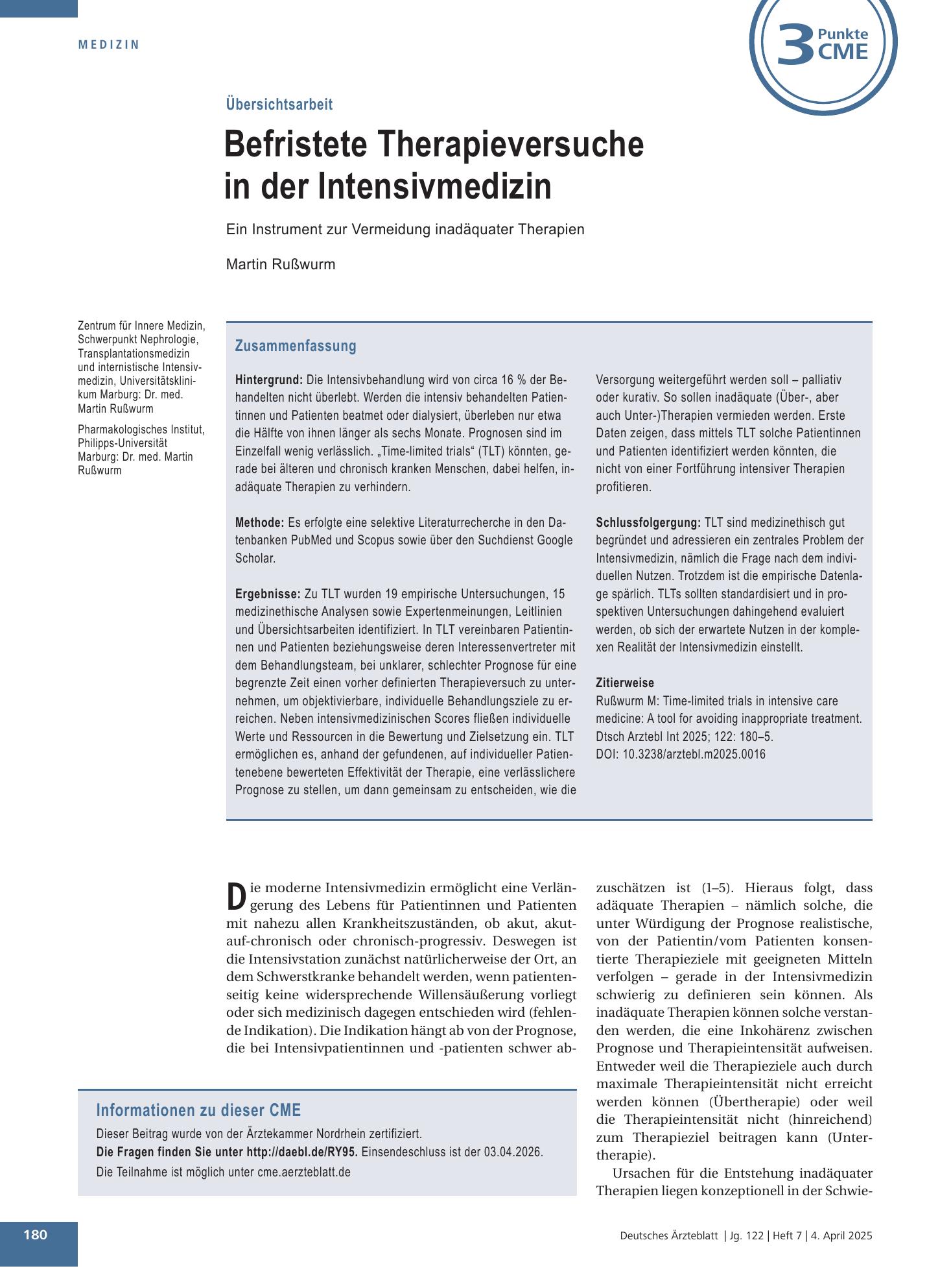 Vorschauseite 1: Befristete Therapieversuche in der Intensivmedizin – Deutsches Ärzteblatt