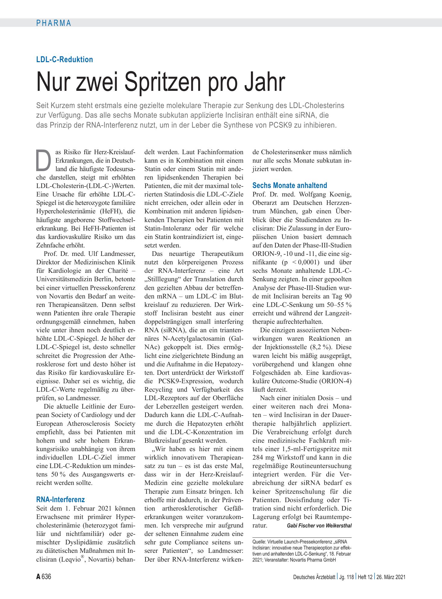 Vorschauseite 1: LDL-C-Reduktion: Nur zwei Spritzen pro Jahr – Deutsches Ärzteblatt