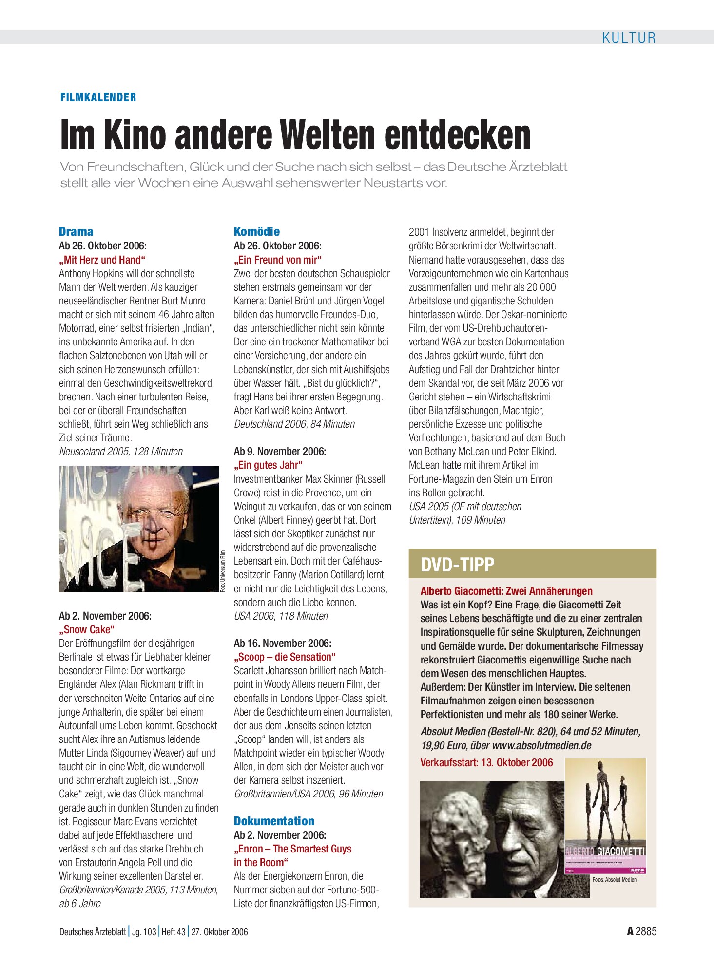 Vorschauseite 1: Filmkalender: Im Kino andere Welten entdecken – Deutsches Ärzteblatt