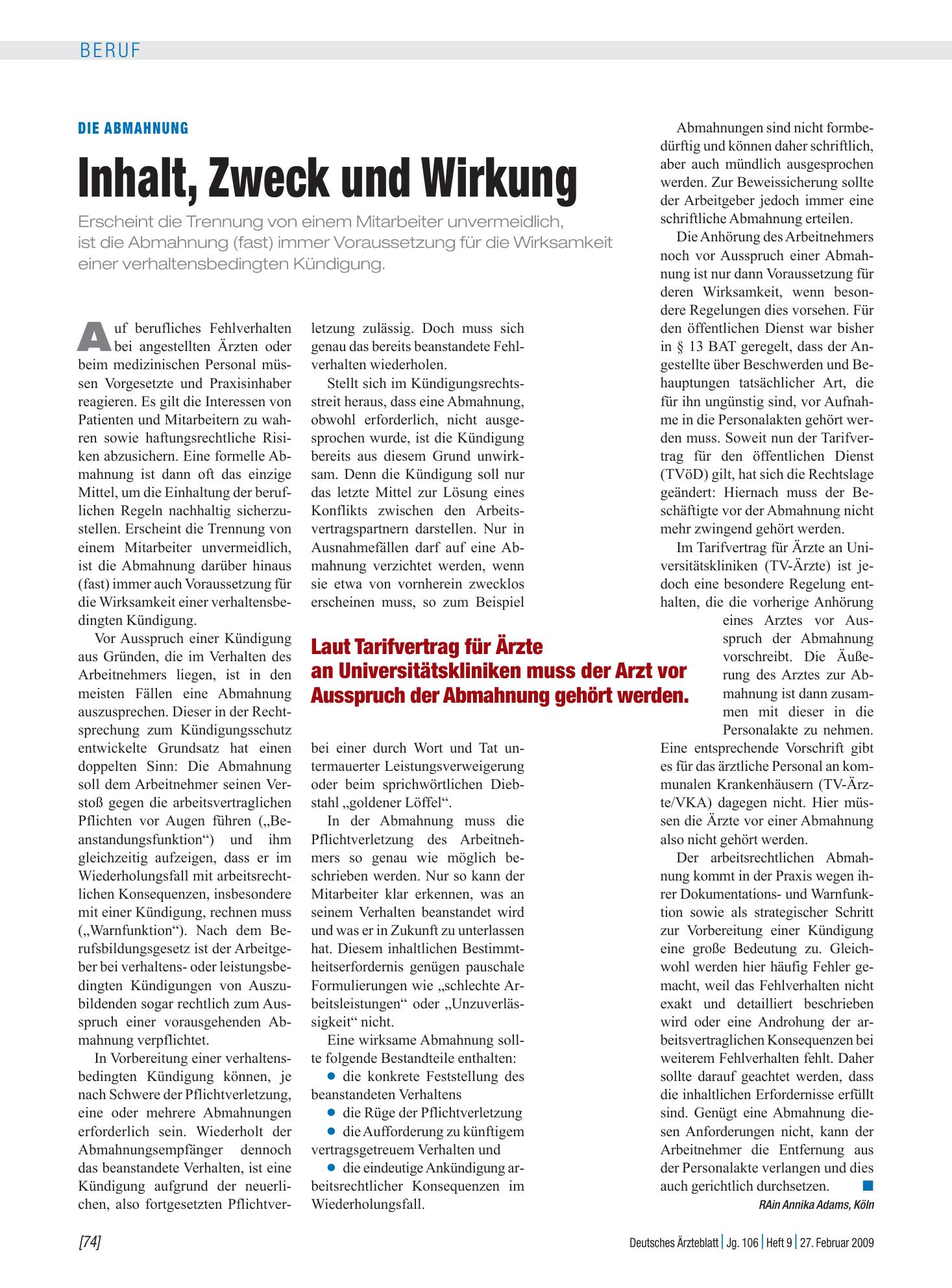 Vorschauseite 1: Die Abmahnung: Inhalt, Zweck und Wirkung – Deutsches Ärzteblatt