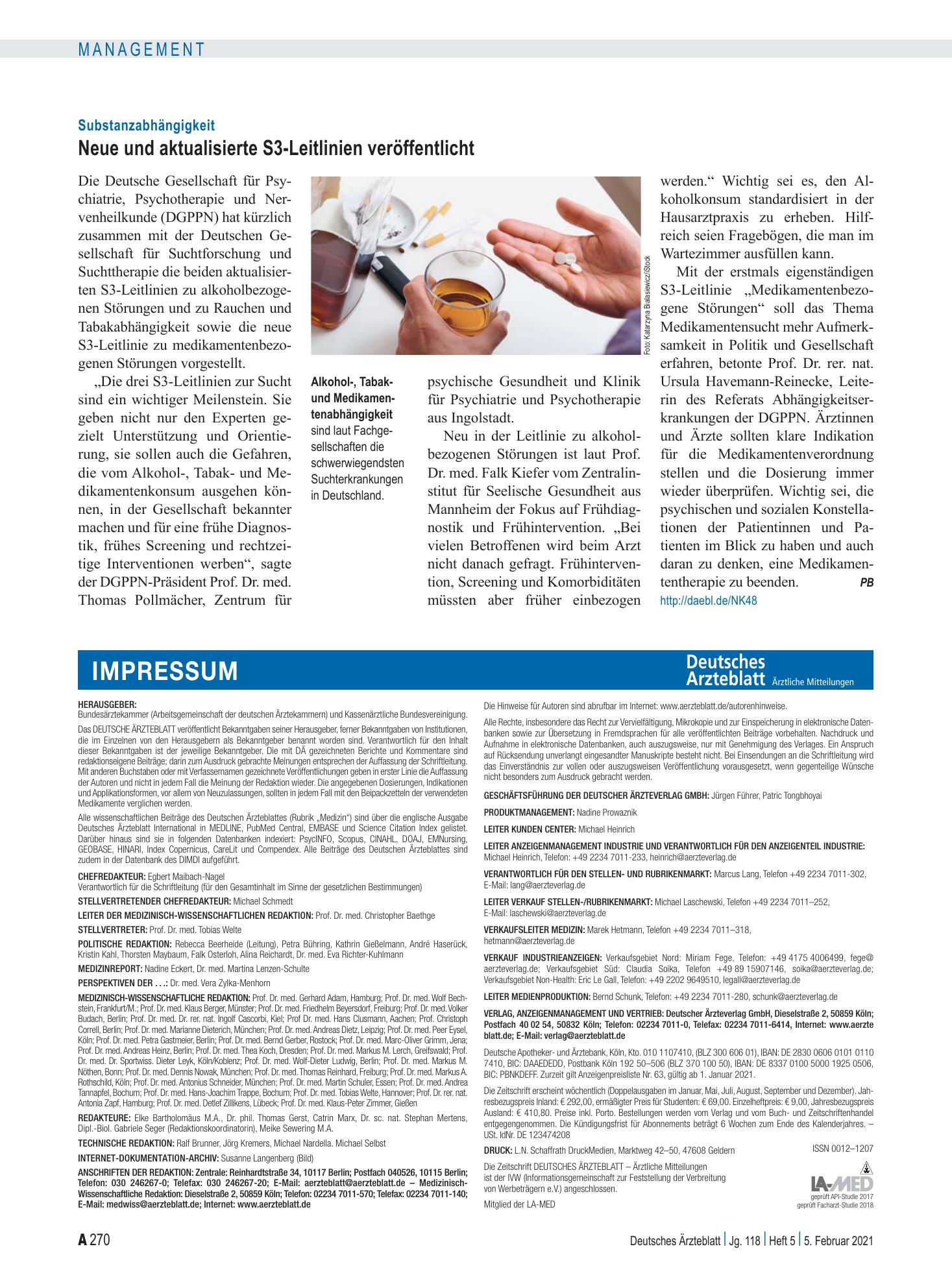 Vorschauseite 1: Substanzabhängigkeit: Neue und aktualisierte S3-Leitlinien veröffentlicht – Deutsches Ärzteblatt