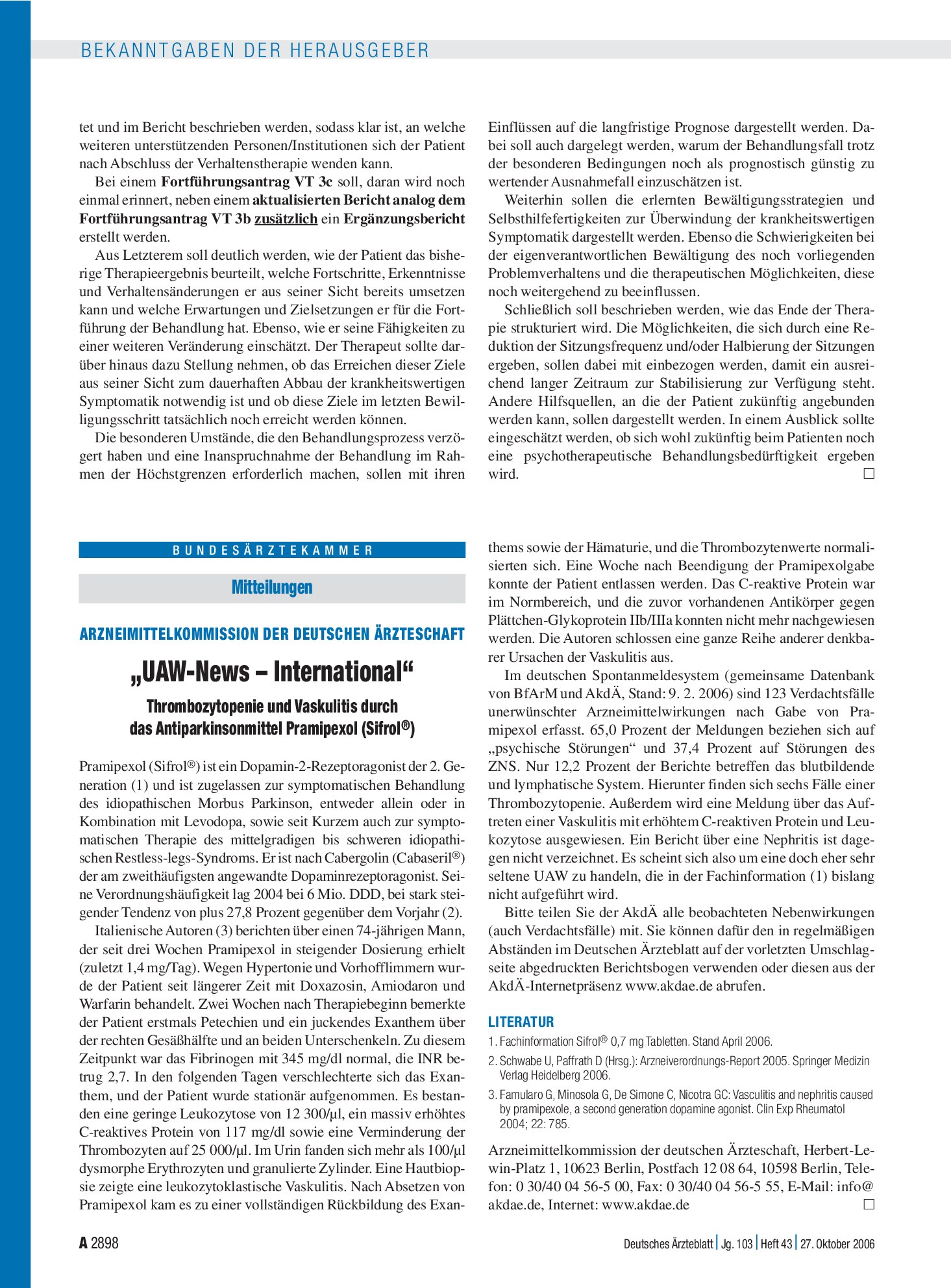 Vorschauseite 1: Mitteilungen: „UAW-News – International“ – Thrombozytopenie und Vaskulitis durch das Antiparkinsonmittel Pramipexol (Sifrol®) – Deutsches Ärzteblatt