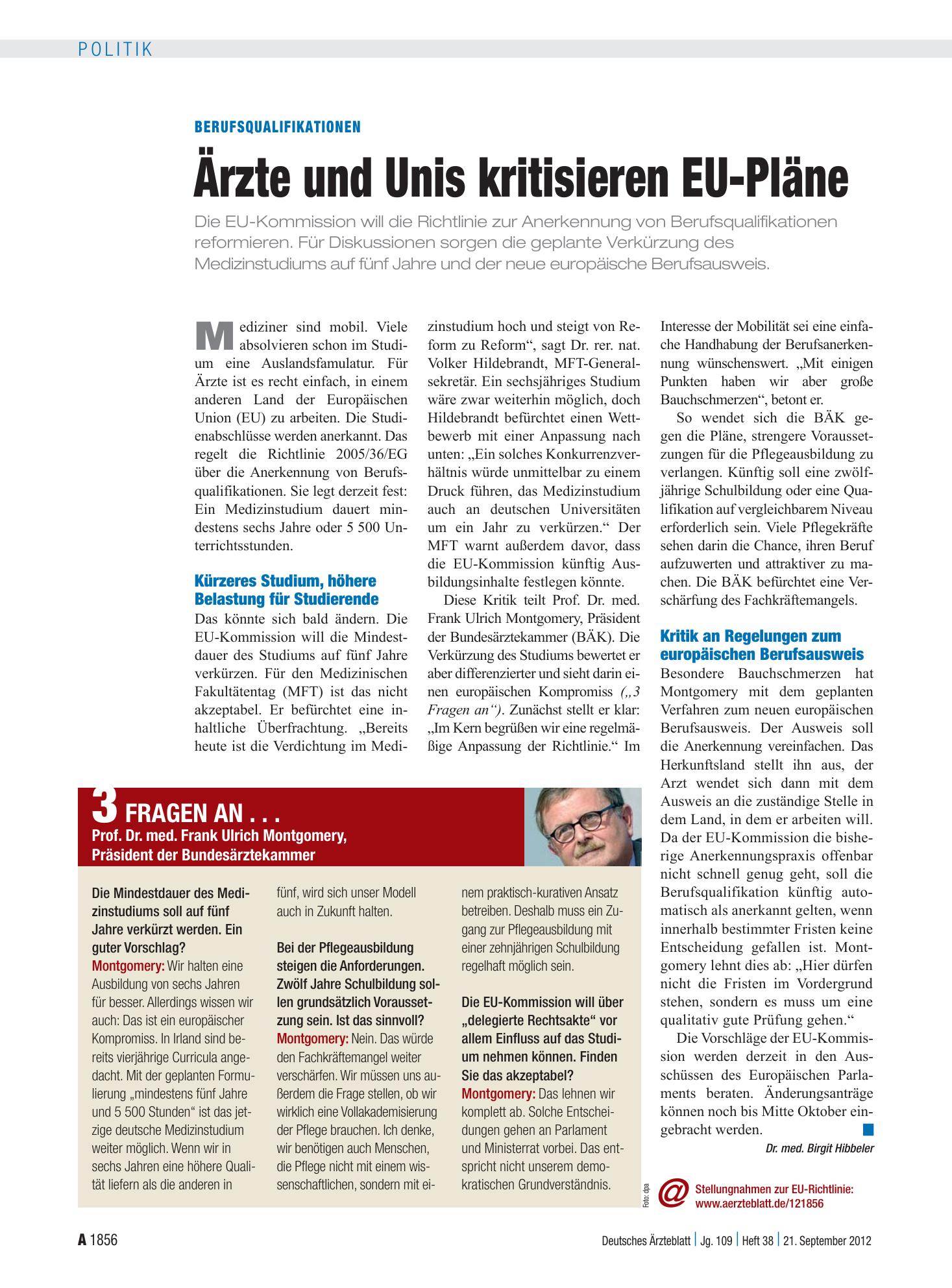 Vorschauseite 1: Berufsqualifikationen: Ärzte und Unis kritisieren EU-Pläne – Deutsches Ärzteblatt