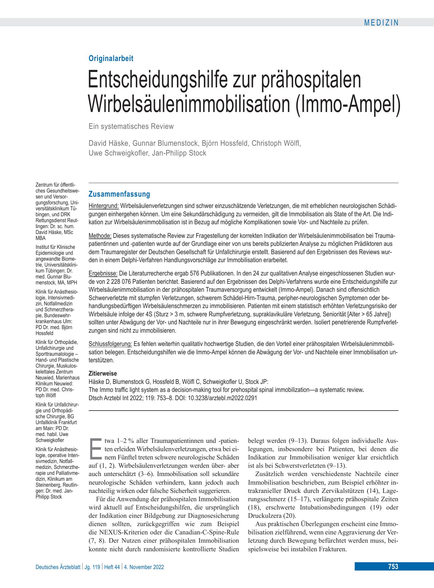 Vorschauseite 1: Entscheidungshilfe zur prähospitalen Wirbelsäulenimmobilisation (Immo-Ampel) – Deutsches Ärzteblatt