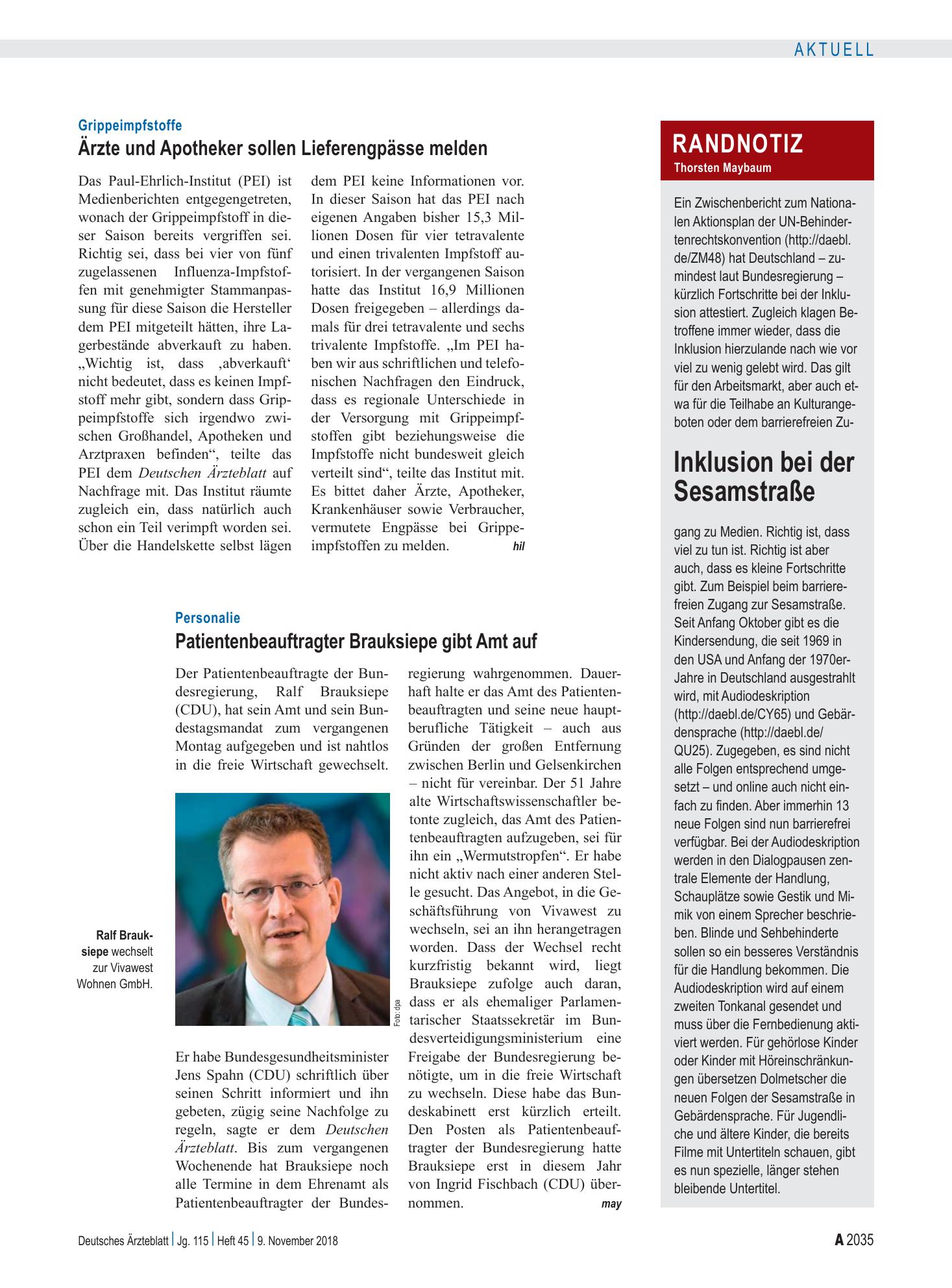 Vorschauseite 1: Randnotiz: Inklusion bei der Sesamstraße – Deutsches Ärzteblatt