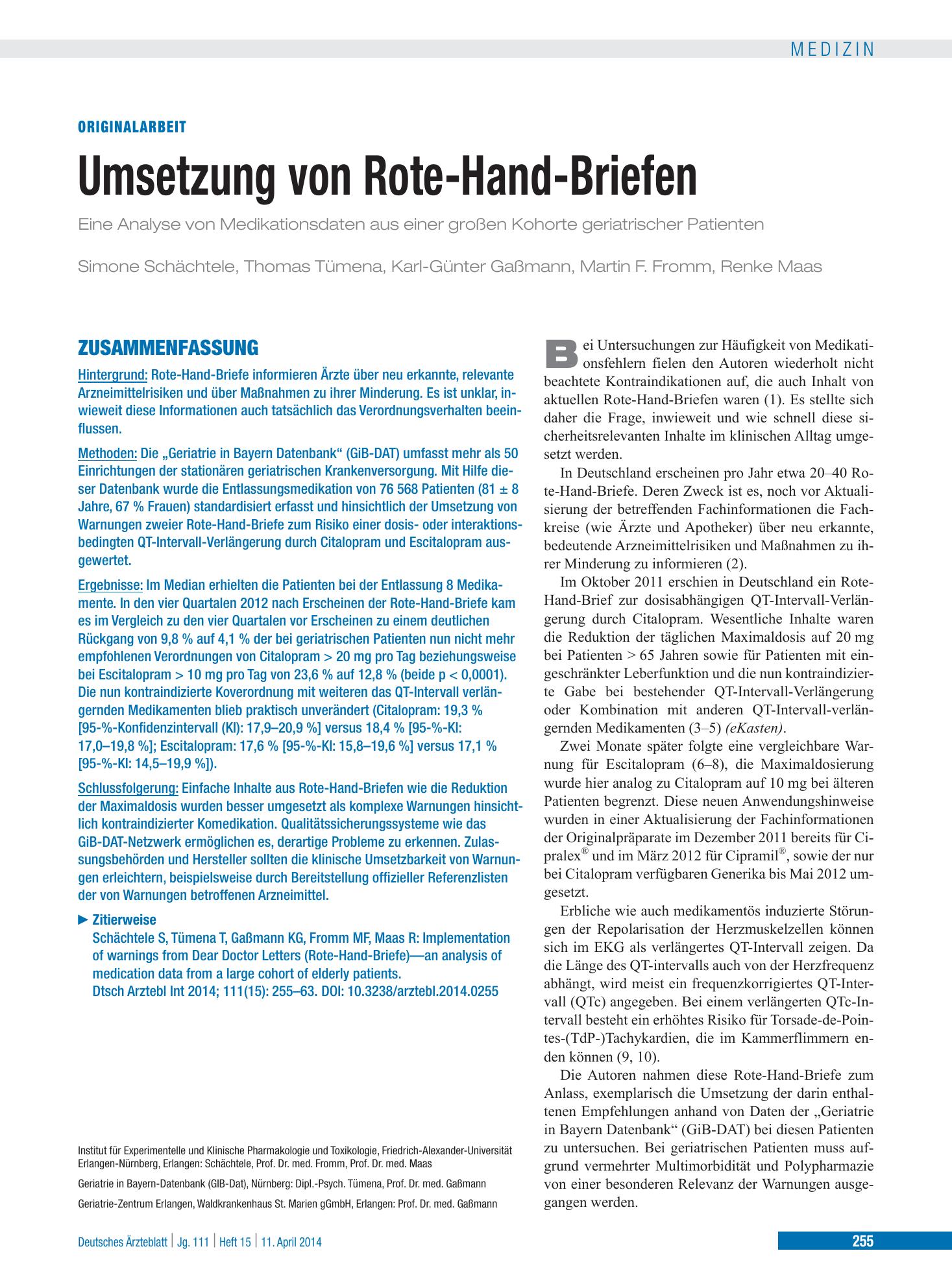 Vorschauseite 1: Umsetzung von Rote-Hand-Briefen – Deutsches Ärzteblatt
