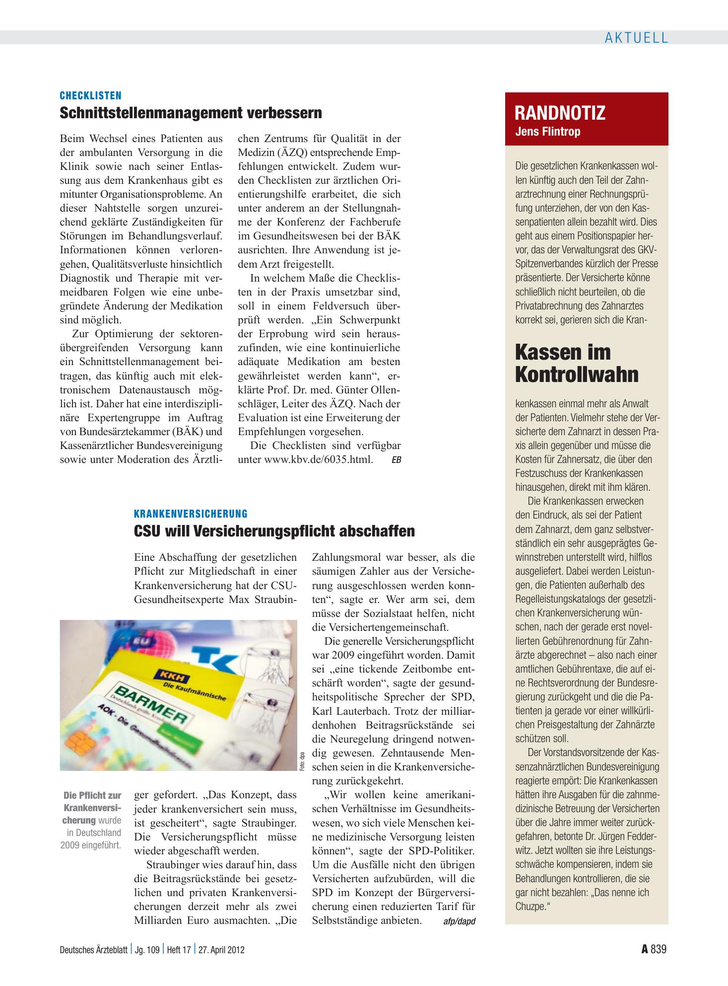 Vorschauseite 1: Randnotiz: Kassen im Kontrollwahn – Deutsches Ärzteblatt