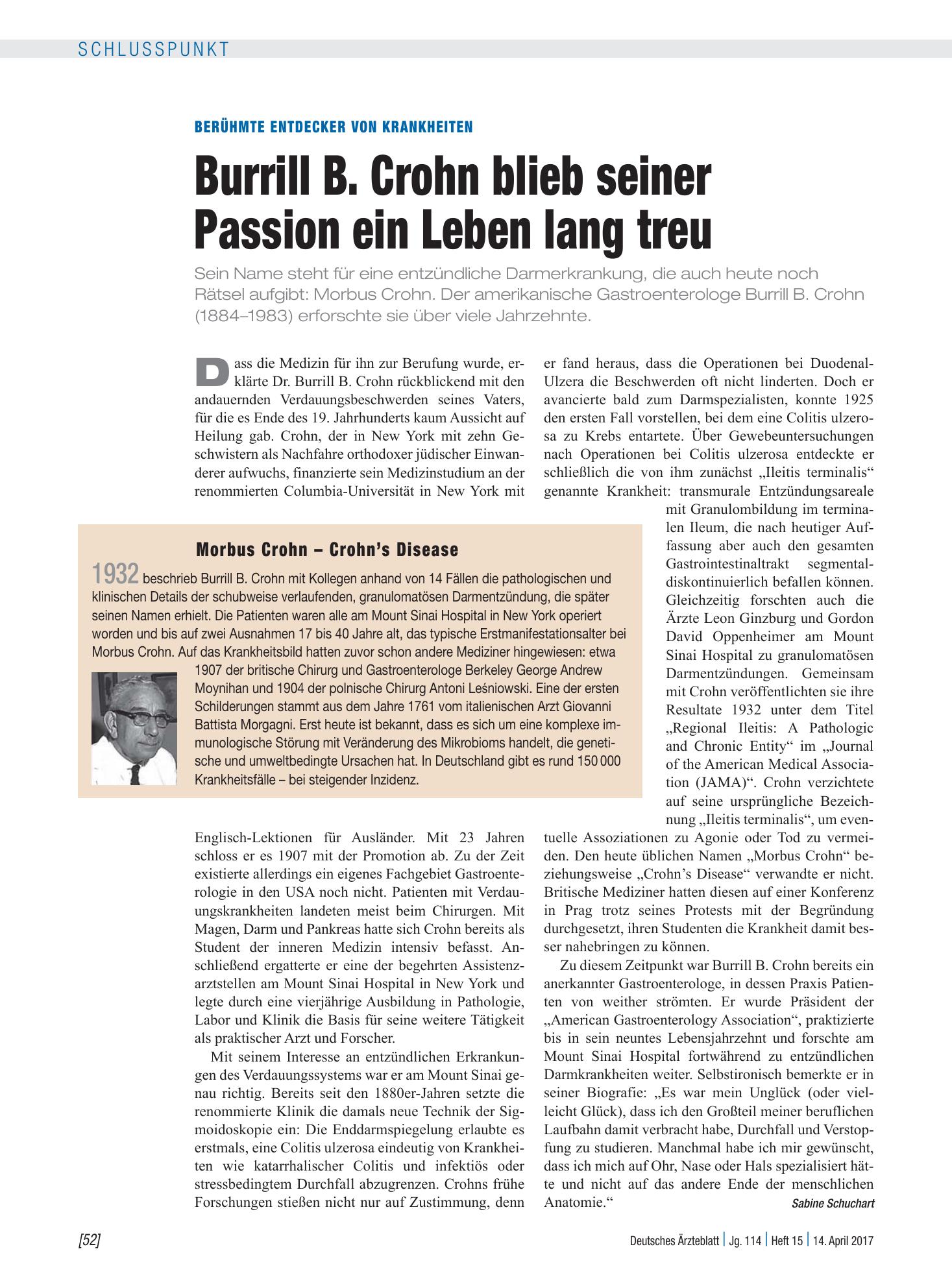 Vorschauseite 1: Berühmte Entdecker von Krankheiten: Burrill B. Crohn blieb seiner Passion ein Leben lang treu – Deutsches Ärzteblatt