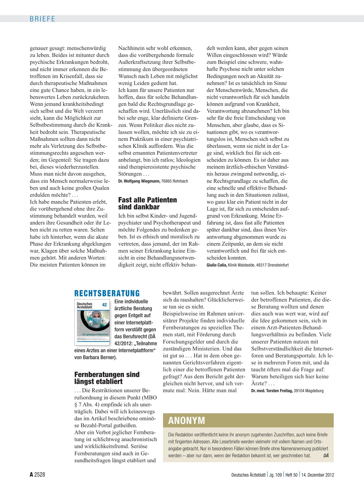 Vorschauseite 1: Zwangsbehandlung: Fast alle Patienten sind dankbar – Deutsches Ärzteblatt