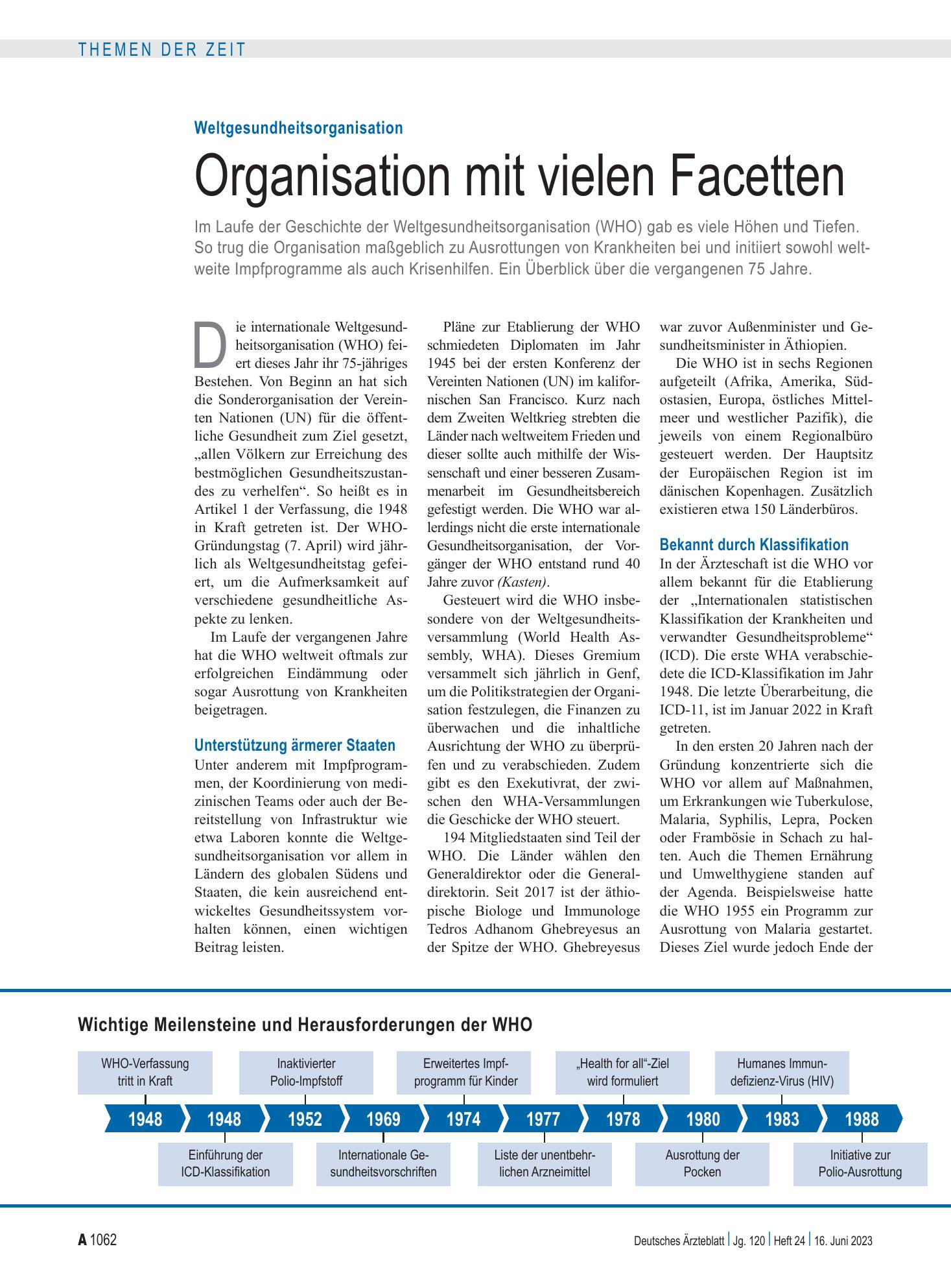 Vorschauseite 1: Weltgesundheitsorganisation: Organisation mit vielen Facetten – Deutsches Ärzteblatt