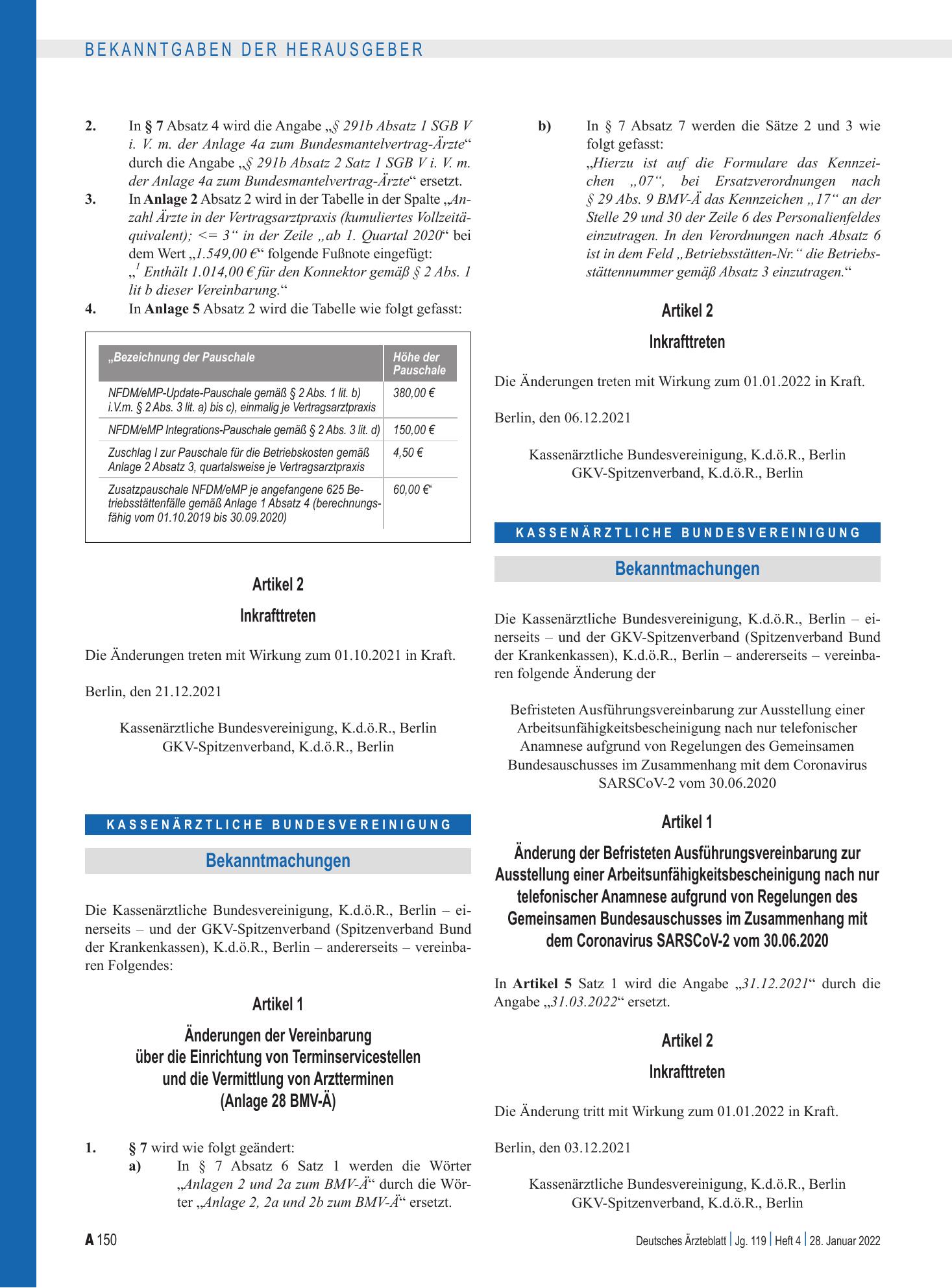 Vorschauseite 1: Änderung der Befristeten Ausführungsvereinbarung zur Ausstellung einer Arbeitsunfähigkeitsbescheinigung nach nur telefonischer Anamnese im Zusammenhang mit dem Coronavirus SARSCoV…