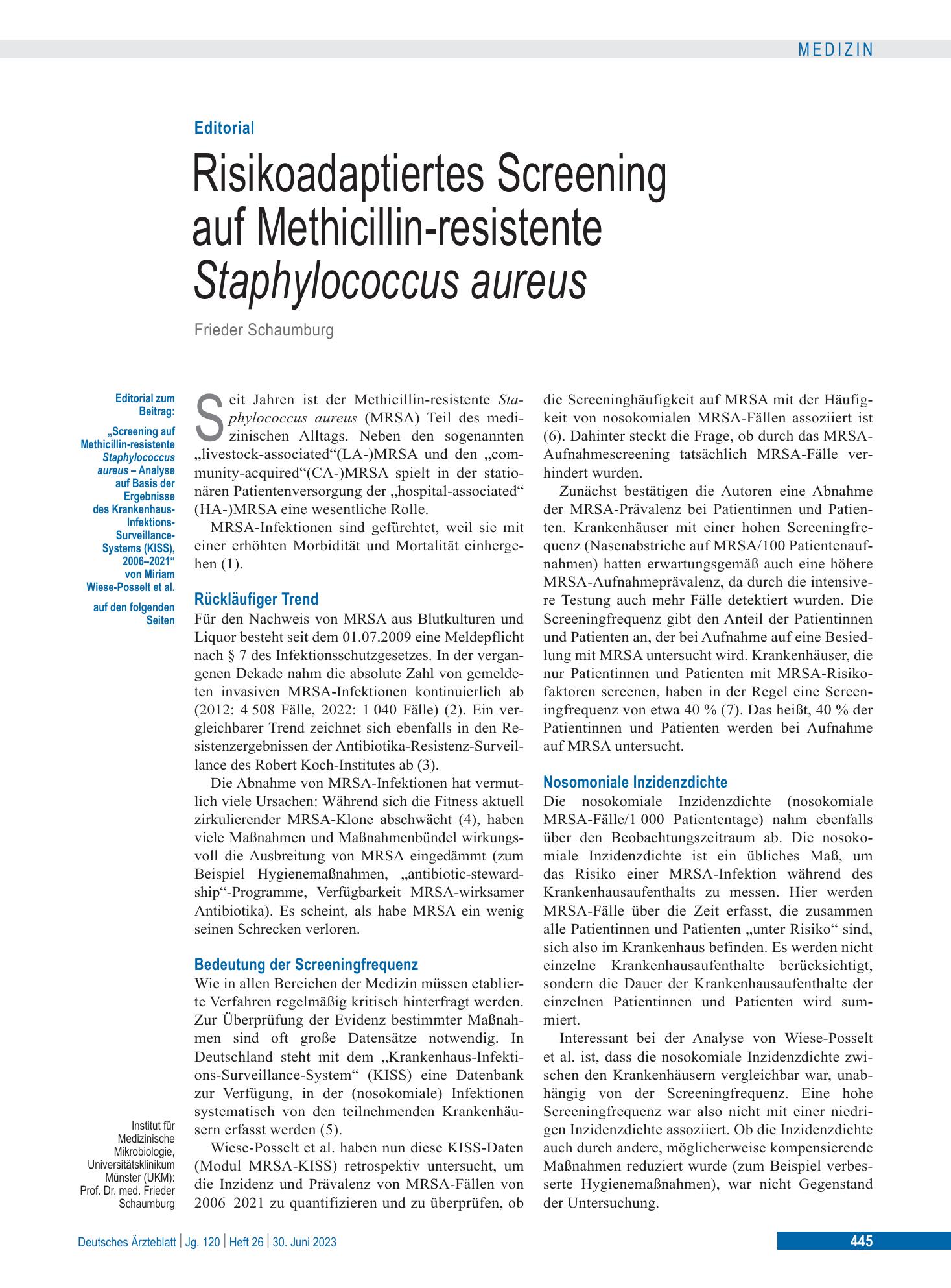 Vorschauseite 1: Screening auf Methicillin-resistente Staphylococcus aureus – Deutsches Ärzteblatt
