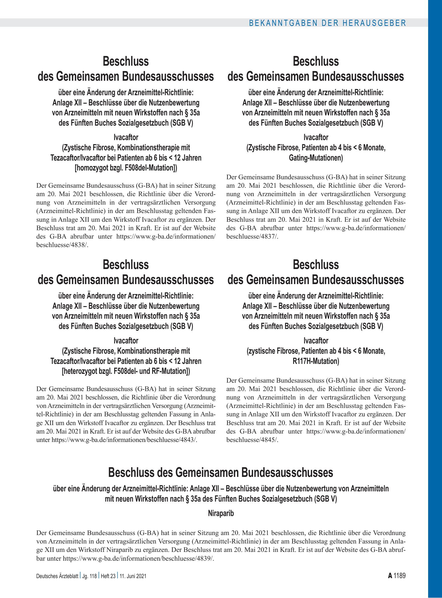 Vorschauseite 1: Beschluss des Gemeinsamen Bundesausschusses über eine Änderung der Arzneimittel-Richtlinie: Anlage XII – Ivacaftor (Zystische Fibrose, Kombinationstherapie mit Tezacaftor/Ivacafto…