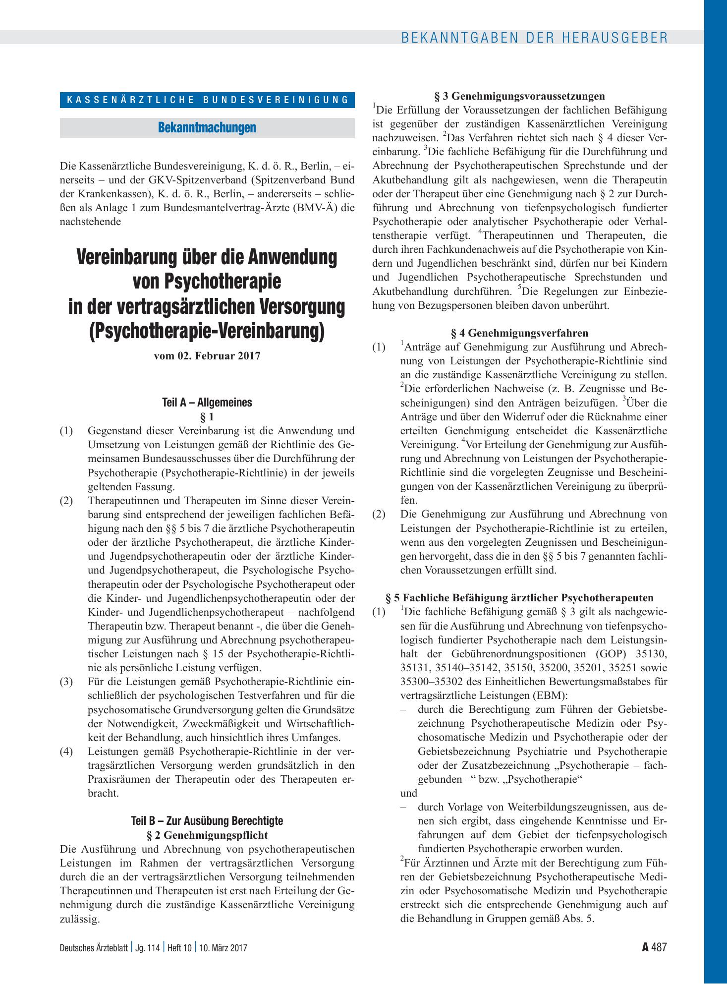 Vorschauseite 1: Vereinbarung über die Anwendung von Psychotherapie in der vertragsärztlichen Versorgung (Psychotherapie-Vereinbarung) – Deutsches Ärzteblatt