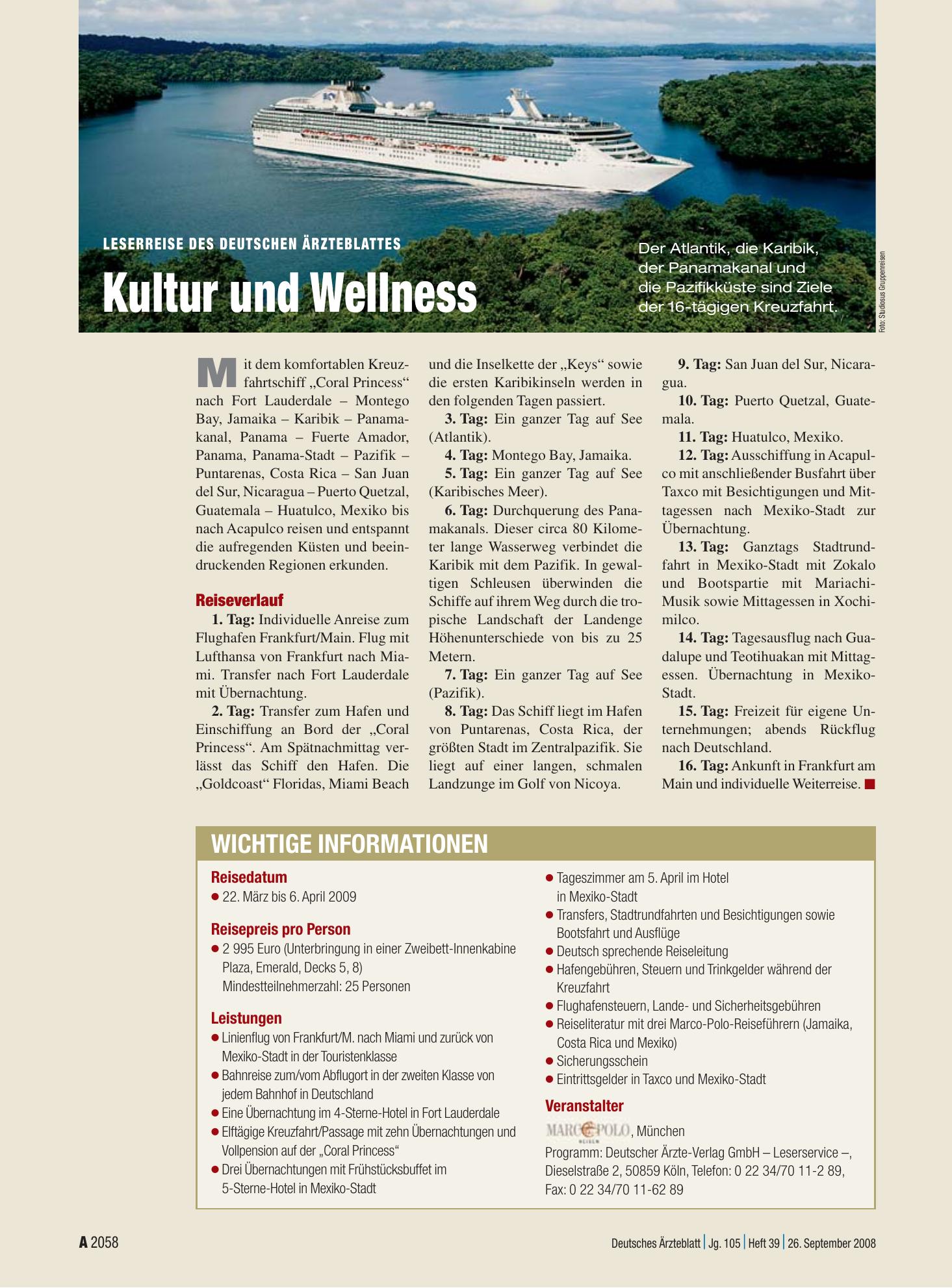 Vorschauseite 1: Leserreise des Deutschen Ärzteblattes: Kultur und Wellness – Deutsches Ärzteblatt