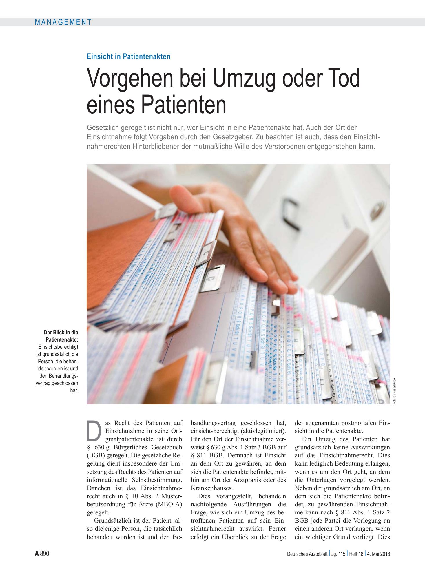 Vorschauseite 1: Einsicht in Patientenakten: Vorgehen bei Umzug oder Tod eines Patienten – Deutsches Ärzteblatt